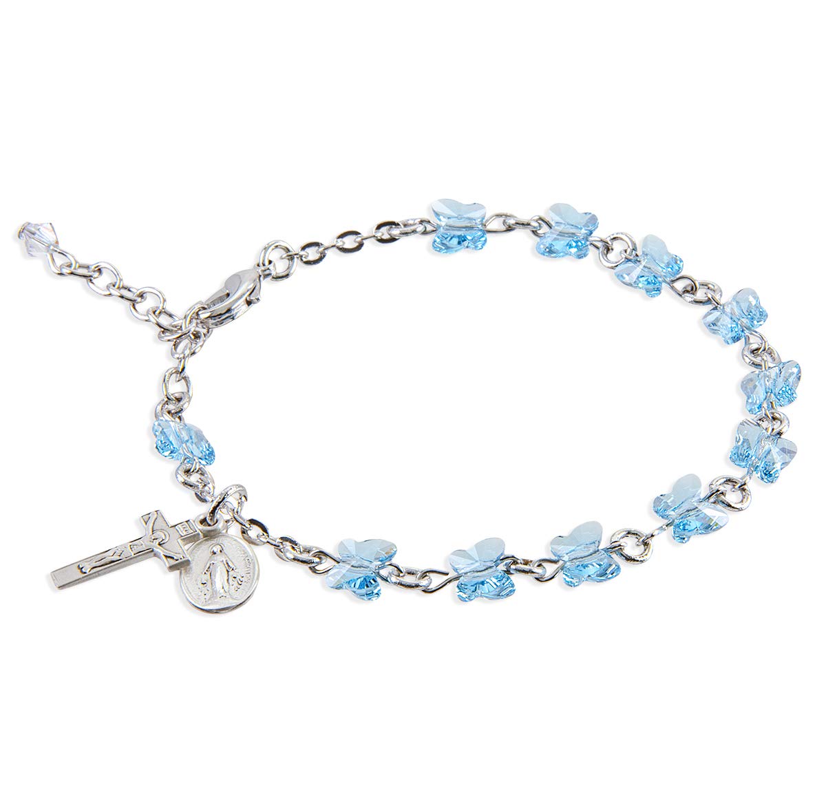 HMH Religious Mfg Aqua Glass Butterfly Bead Bracelet with Miraculous Medal & Crucifix - 7.5 Inch Catholic Jewelry for Women - Perfect for Prayer, Worship & Faith-Based Gifts