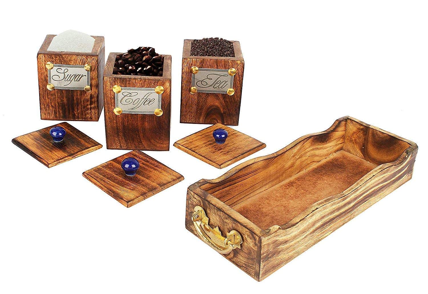 Premium Wooden Canister Set with Tray & Lid - 3-Piece Large 600ml Containers for Tea, Coffee, Sugar Storage | Rustic Brown Wooden Box | Perfect for Kitchen Countertop, Pantry Organization & Home Decor