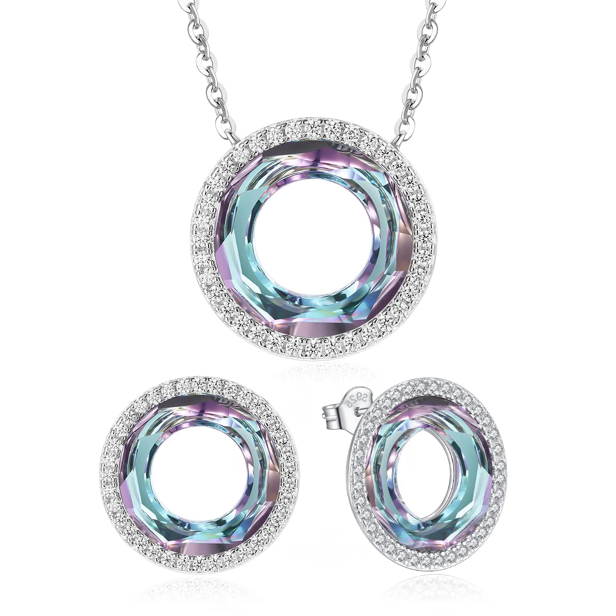 LOUISA SECRET Happy Ferris Wheel 925 Sterling Silver Necklace & Earrings Set with Crystal Pendant - Elegant Jewelry Gift for Women, Girlfriend, Wife - Perfect for Birthday, Anniversary, Valentine's Day & Special Occasions