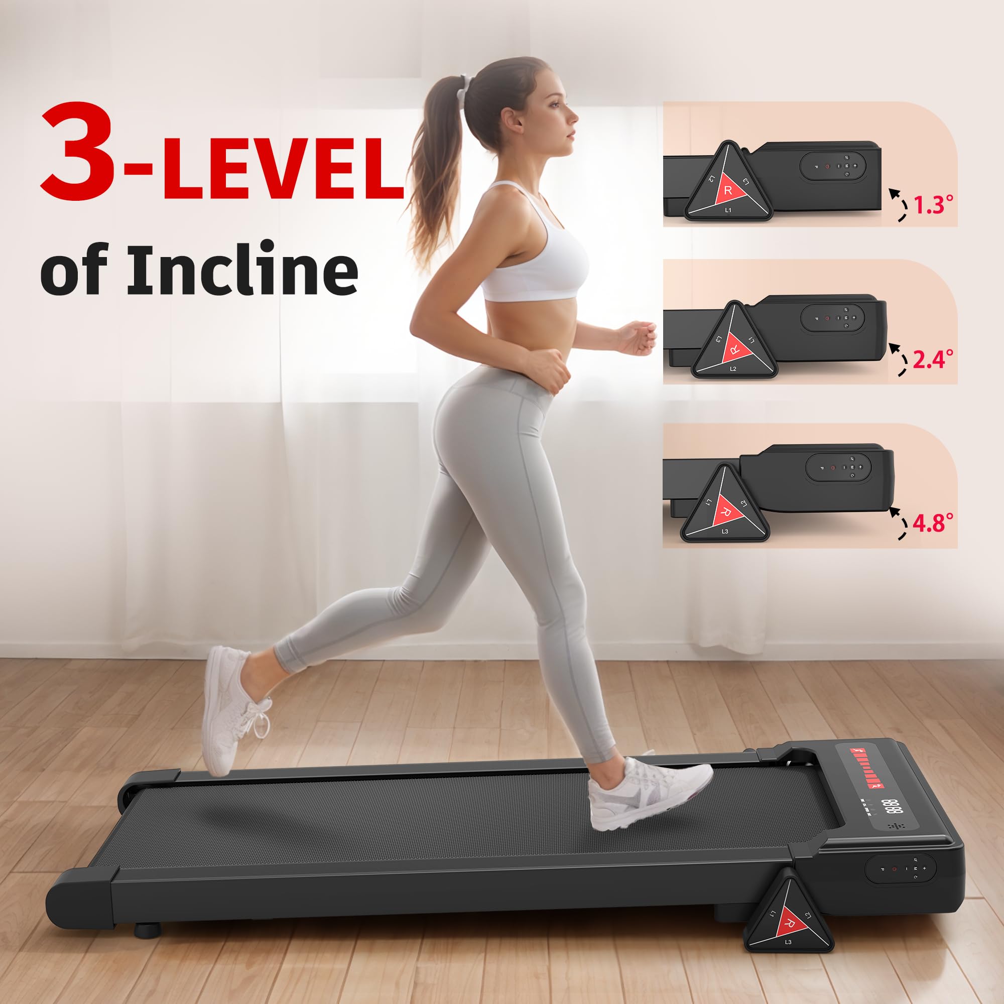 Under Desk Treadmill with Incline - 2.5HP Quiet Walking Pad with Shock Absorption, LED Display & Remote Control - Portable Treadmill for Home Office Workouts, Walking While Working, Small Space Exercise