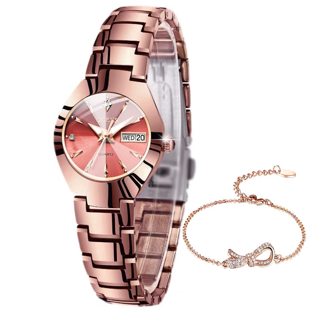OLEVS Women's Small Face Fashion Watch with Tungsten Steel Strap & Bee Bracelet - Japanese Movement, Date Display, Waterproof, Luminous - Perfect for Dressy Occasions, Office Wear & Everyday Use