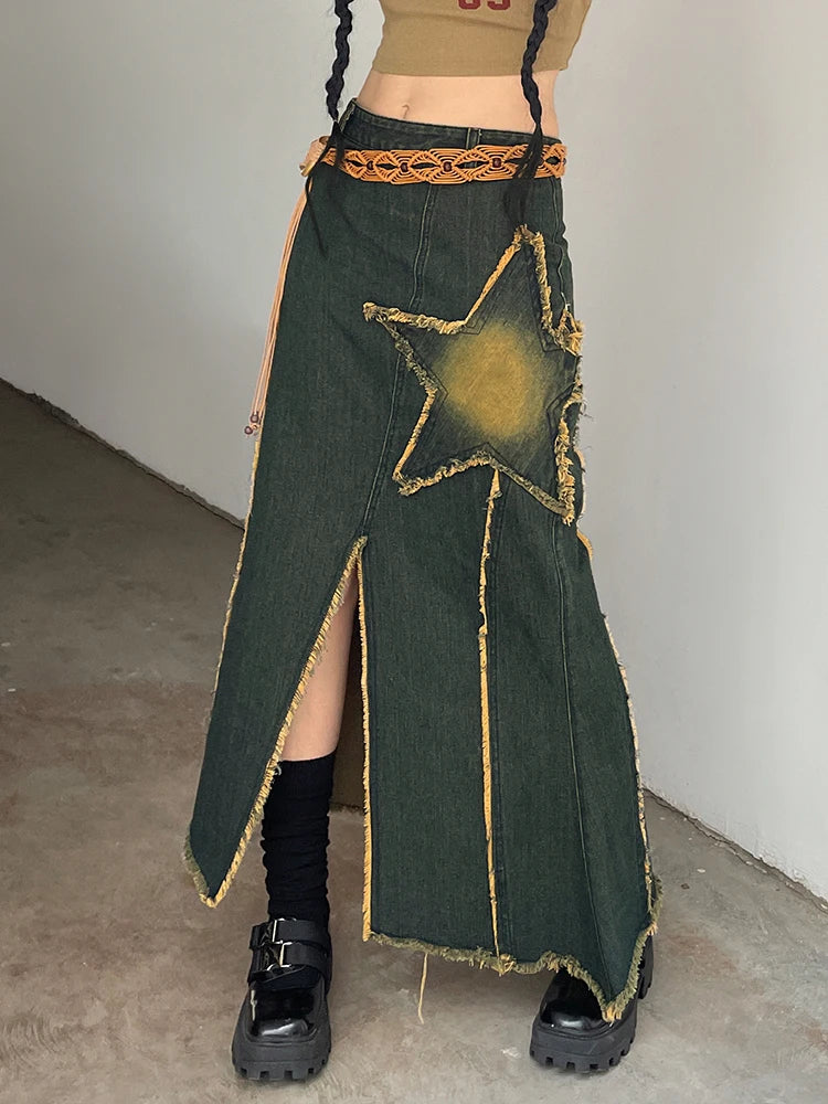 Vintage Asymmetrical Low Waist Denim Skirt for Women - Y2K Aesthetic Star Stitch Detail with Tassel Trim | Perfect for Casual Outfits, Streetwear & Retro Fashion Looks