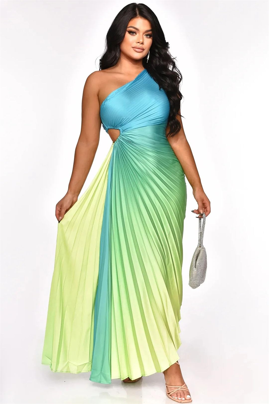 Elegant Women's Gradient Printed Pleated One Shoulder Maxi Dress with Roll Waist & Irregular Hem - Perfect for Parties, Weddings & Summer Vacations