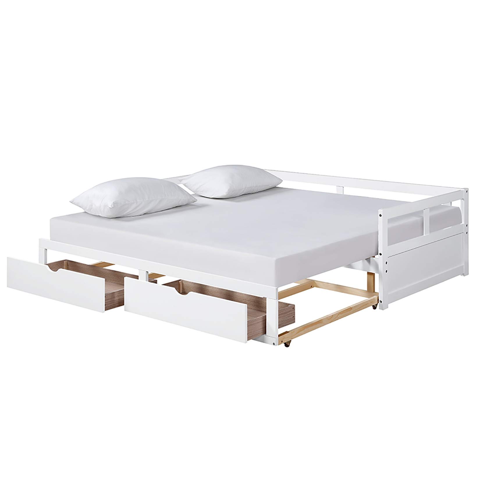Convertible Daybed with Trundle and Storage Drawers - Twin to King Size Wooden Sofa Bed for Living Room & Guest Room - White Finish | Perfect for Small Spaces, Sleepovers, and Multi-Functional Furniture Needs