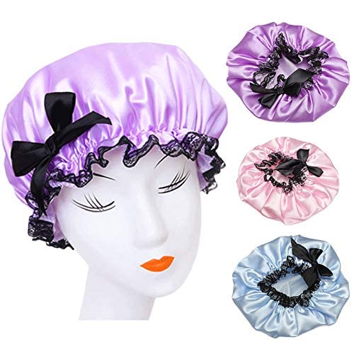 STORE99® 3-Color Waterproof Shower Cap for Women - Elastic Lace Hair Bath Cap for Spa, Swimming & Shower - Lavender, Pink & Blue (Hb88) | Perfect for Hair Protection During Bathing, Swimming & Salon Visits