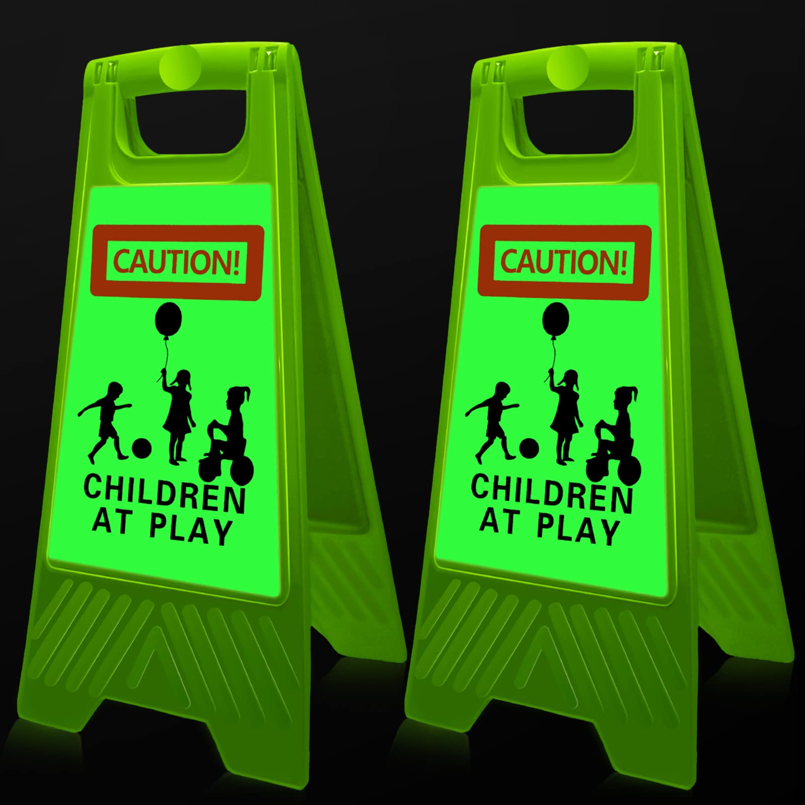 2 Pack Double-Sided 24 Inch Reflective Slow Down Kids at Play Signs - Portable Handle Safety Warning Boards for Streets, Neighborhoods, Schools & Parks - High Visibility Green for Day & Night Use - Perfect for Sidewalks, Driveways & Residential Areas
