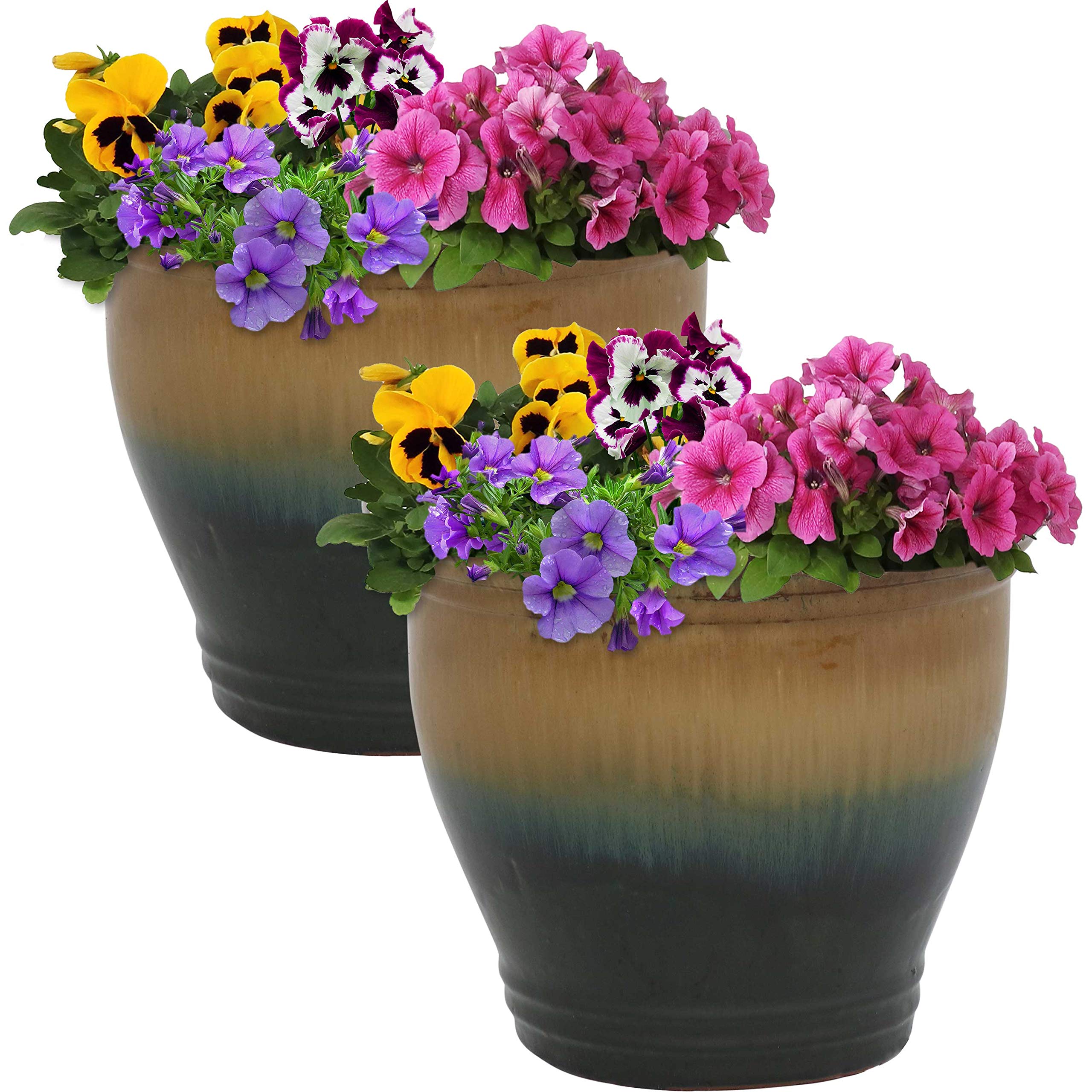 Sunnydaze Round Ceramic Planter Set of 2 - 11 Inch Indoor Outdoor Flower Pots with Drainage Hole - Forest Lake Green Glaze Studio Collection - Perfect for Patio, Garden, Balcony & Home Decor