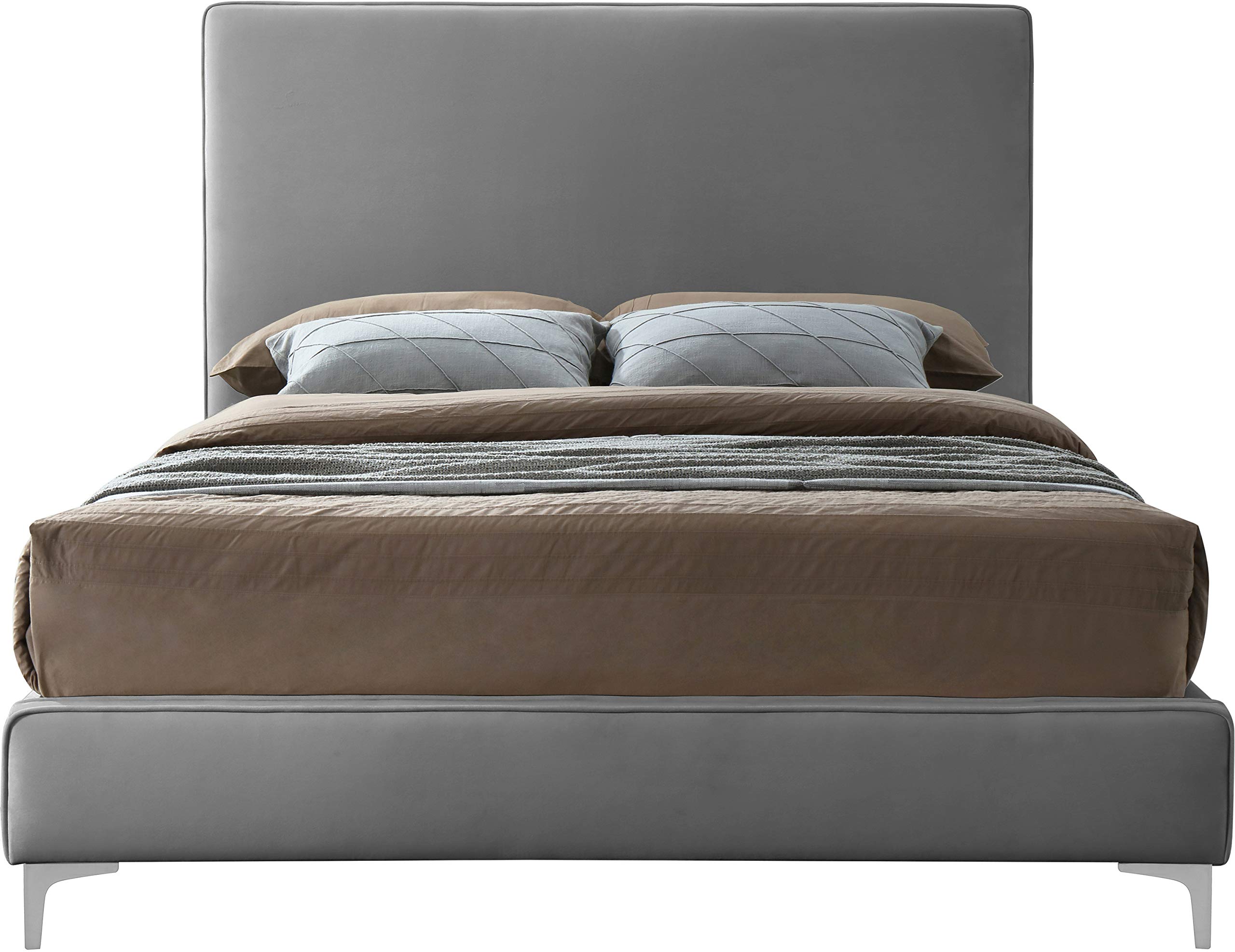 Modern Velvet Upholstered Bed with Gold/Chrome Finish - Full Size Grey Platform Bed with Tufted Headboard | Contemporary Bedroom Furniture for Master Bedroom, Guest Room & Apartment