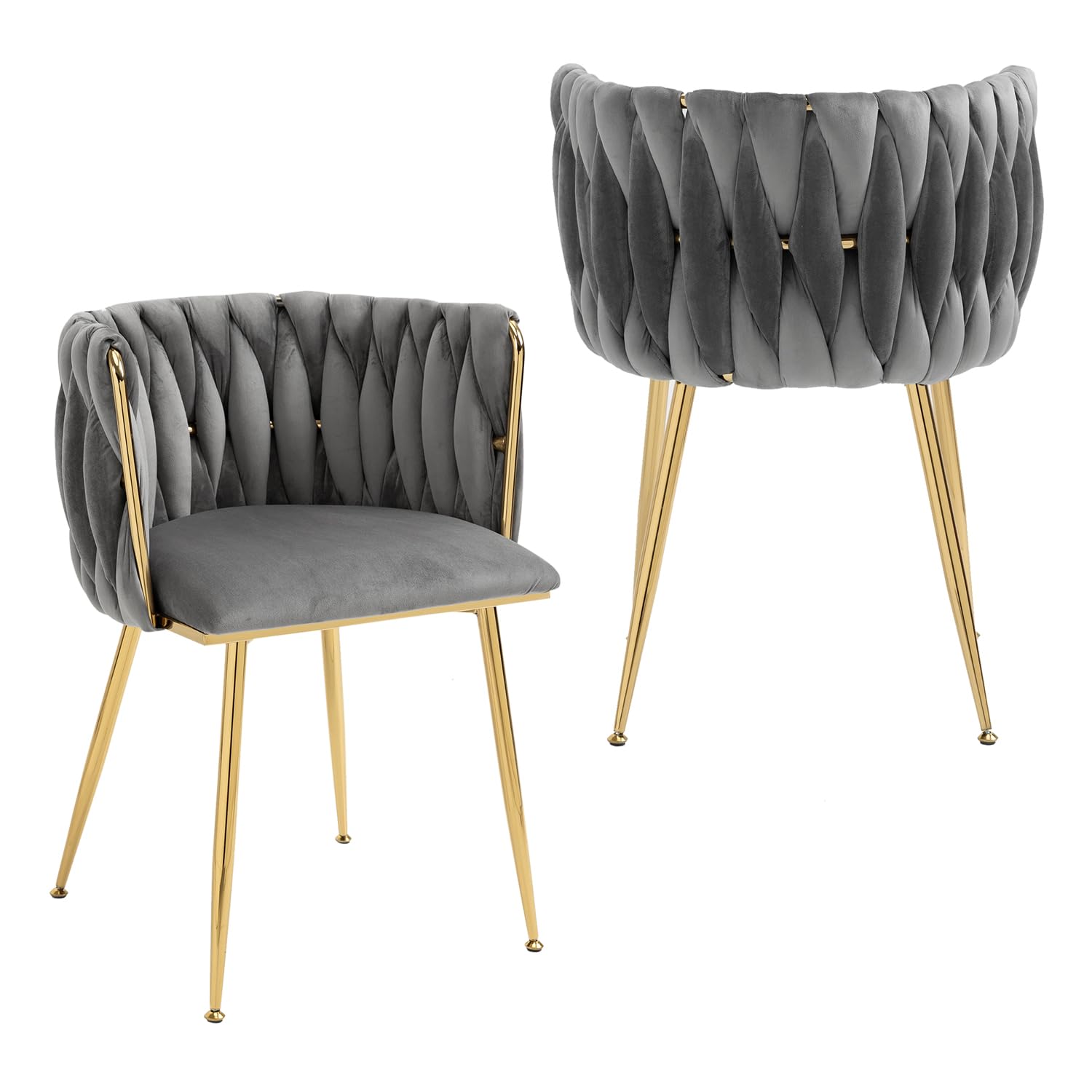 Nrizc Set of 2 Modern Velvet Upholstered Dining Chairs with Gold Metal Legs - Grey Woven Accent Chairs for Living Room, Dining Room & Kitchen | Perfect for Small Spaces, Breakfast Nooks & Contemporary Home Decor