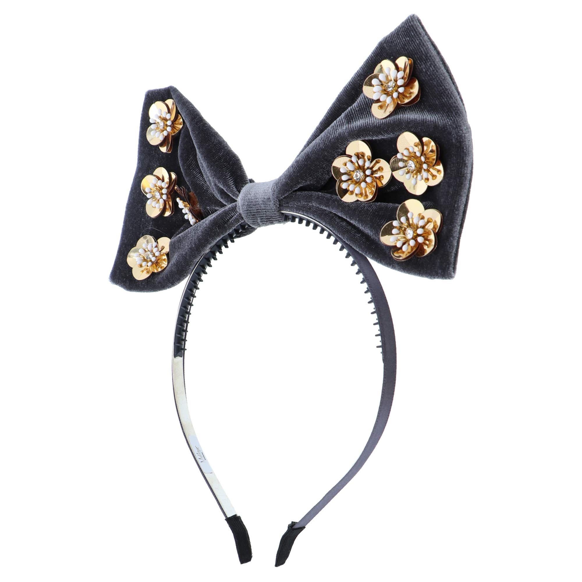 Velvet Sequin Bow Headband for Women & Girls - Grey Gold - Party & Wedding Accessory