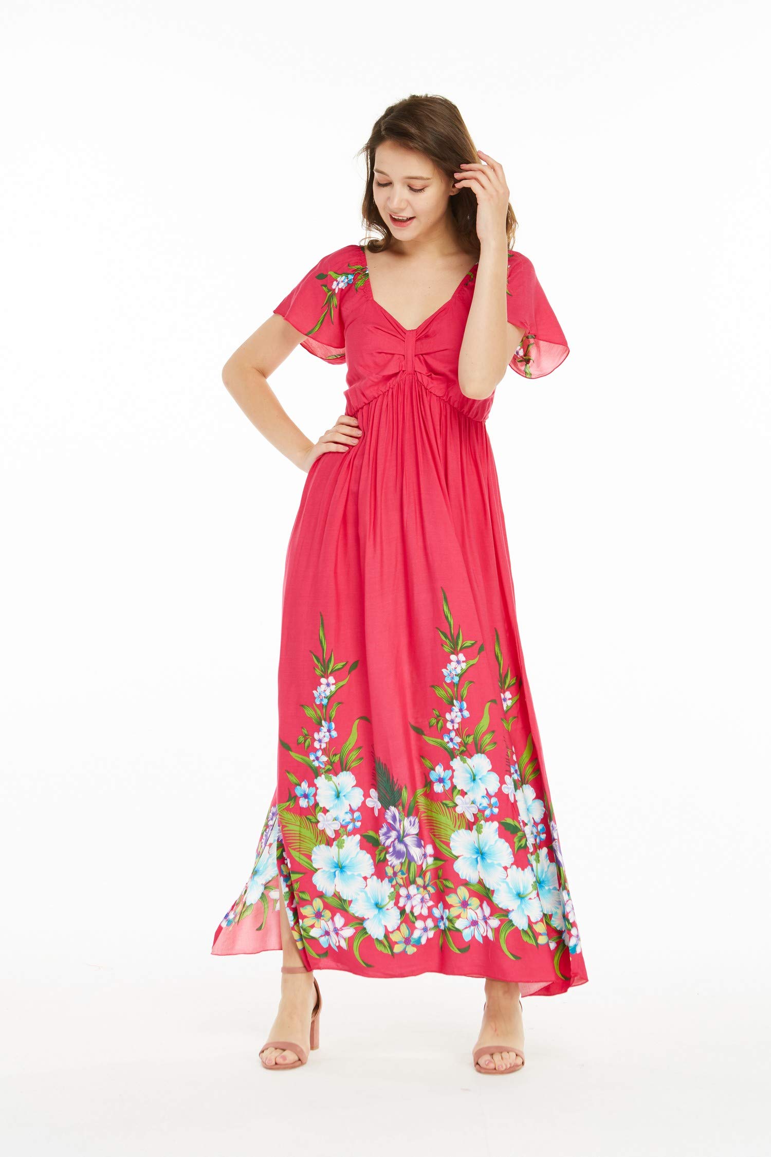 Women's Floral Hawaiian Maxi Dress with Ruffle Sleeves - Tropical Beach Vacation, Summer Party & Boho Chic Outfit