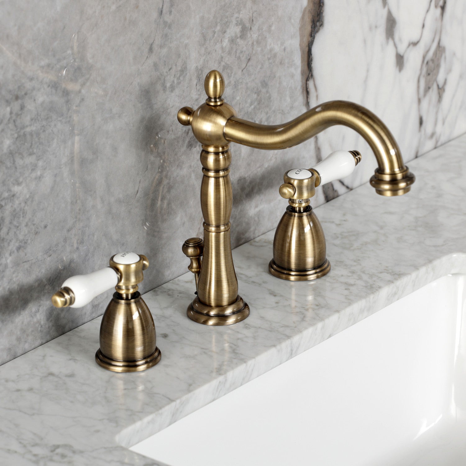 Bel Air KB1973BPL Widespread Bathroom Faucet with Brass Pop Up Drain in Antique Brass Finish - Perfect for Vintage Style Bathroom Renovations and Luxury Home Upgrades