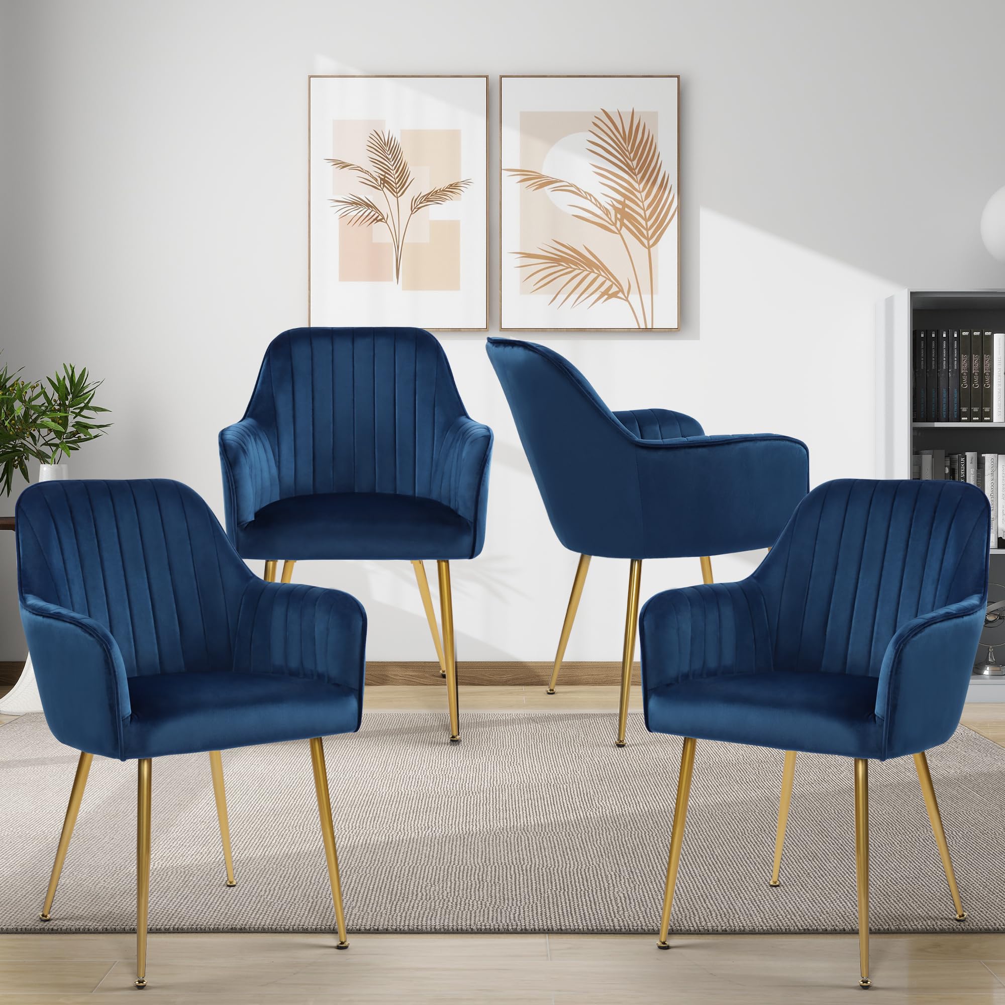 Luxury Velvet Dining Chairs Set of 4 - Modern Upholstered Accent Chairs with Gold Metal Legs for Living Room, Bedroom & Office - Soft Blue Fabric Seating for Home Decor & Entertaining