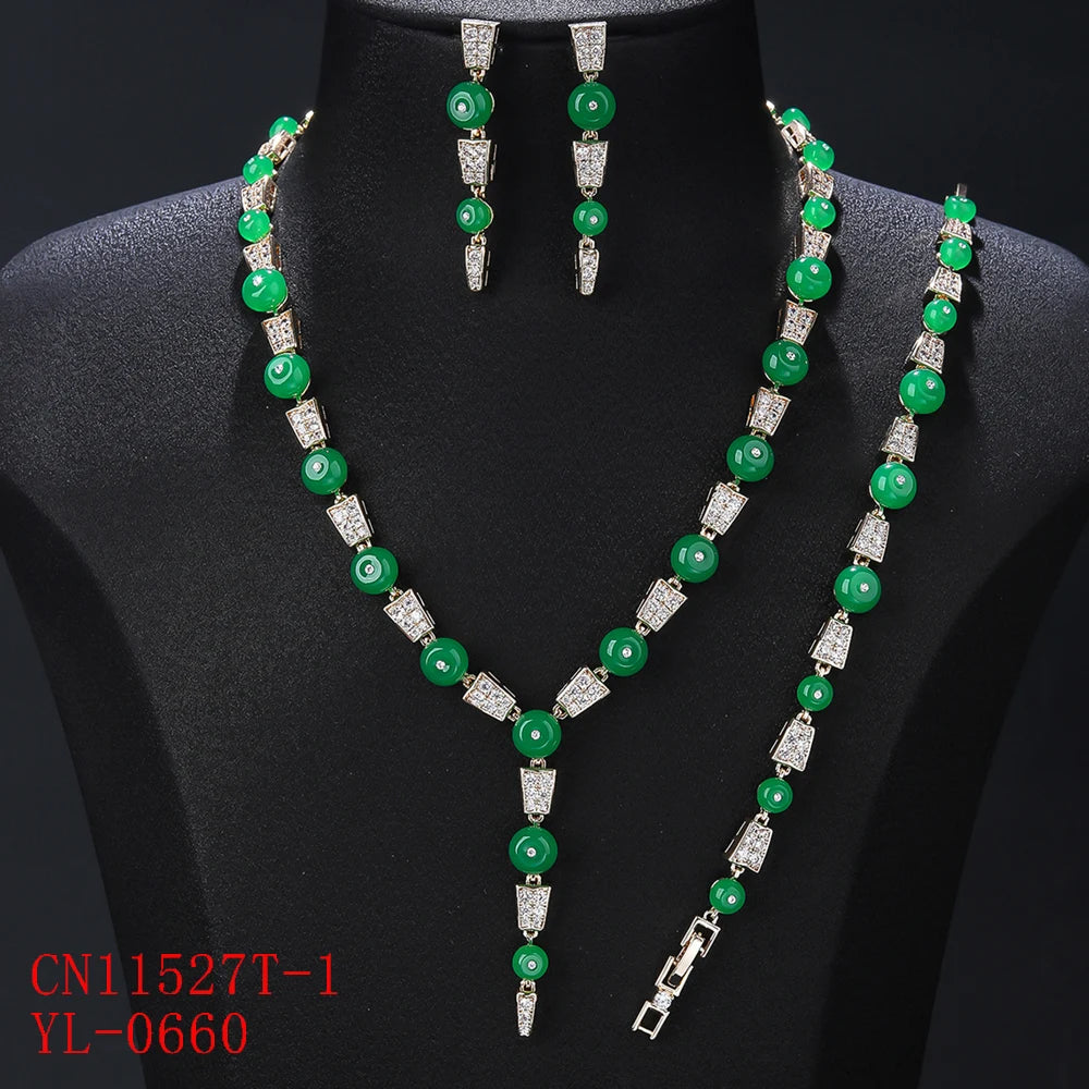 3 PCS Cubic Zirconia Imitation Chalcedony Jewelry Set for Women - Necklace, Earrings & Bracelet | Elegant Party Jewelry & Costume Accessories | Perfect for Weddings, Prom & Evening Events