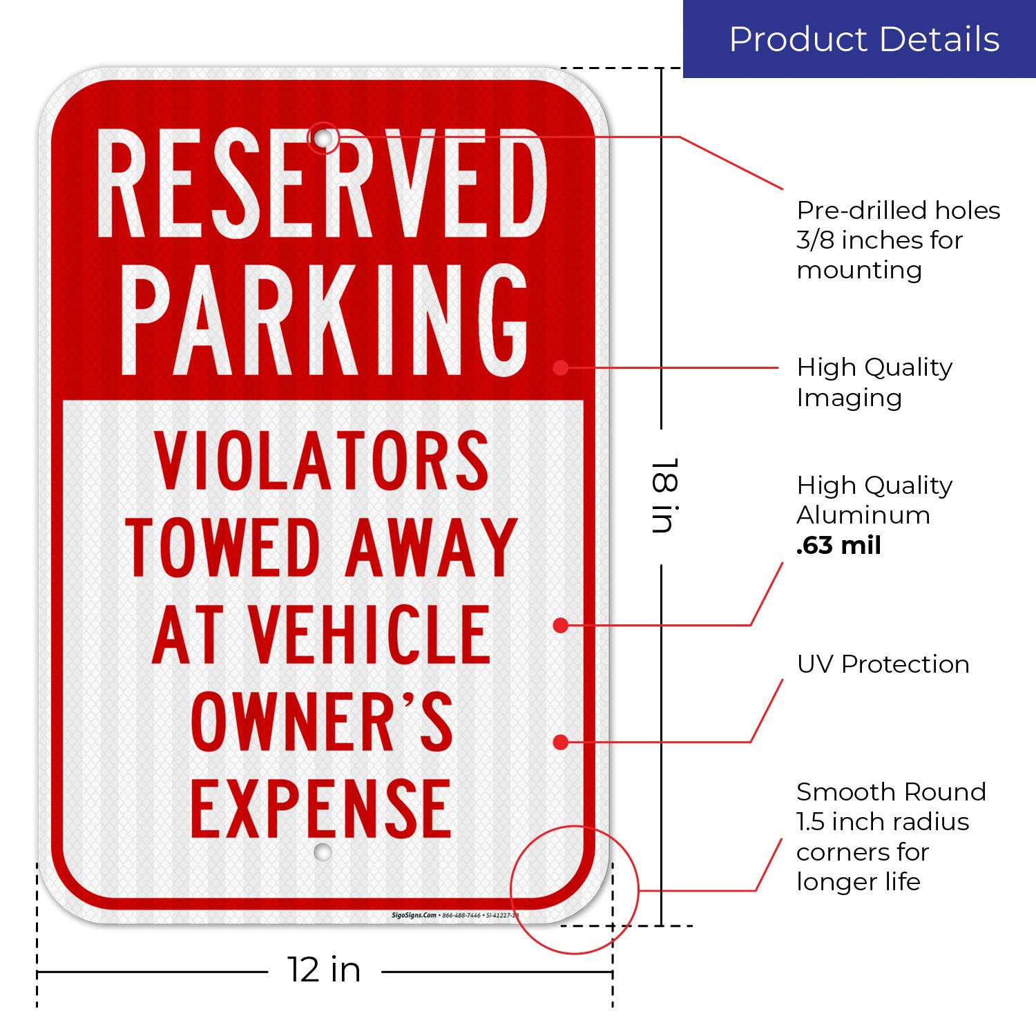 12x18 Inches Reserved Parking Sign - Violators Will Be Towed | 3M EGP Reflective .063 Aluminum | Fade Resistant & Easy Mounting | Indoor/Outdoor Use | Made in USA | Perfect for Private Parking Lots, Apartment Complexes & Commercial Properties
