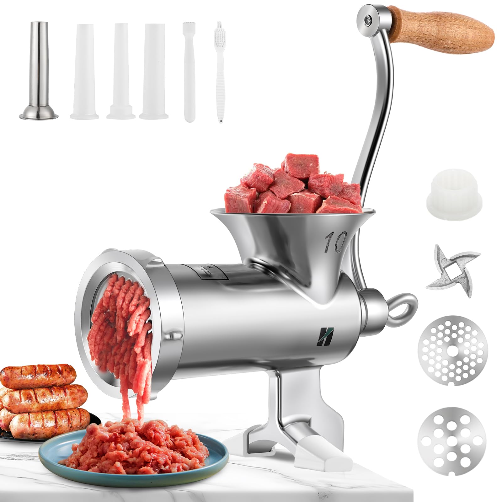 Huanyu Stainless Steel Manual Meat Grinder with Table Clamp - Heavy Duty Sausage Maker for Chicken, Beef, Small Bones & Chili - Perfect for Home Kitchen, Camping & Food Prep (Model HZ-10)