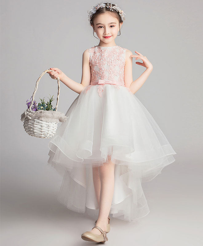 Elegant White Round Neck Tulle Lace High-Low Prom Dress & Flower Girl Dress - Perfect for Prom Night, Weddings & Special Occasions