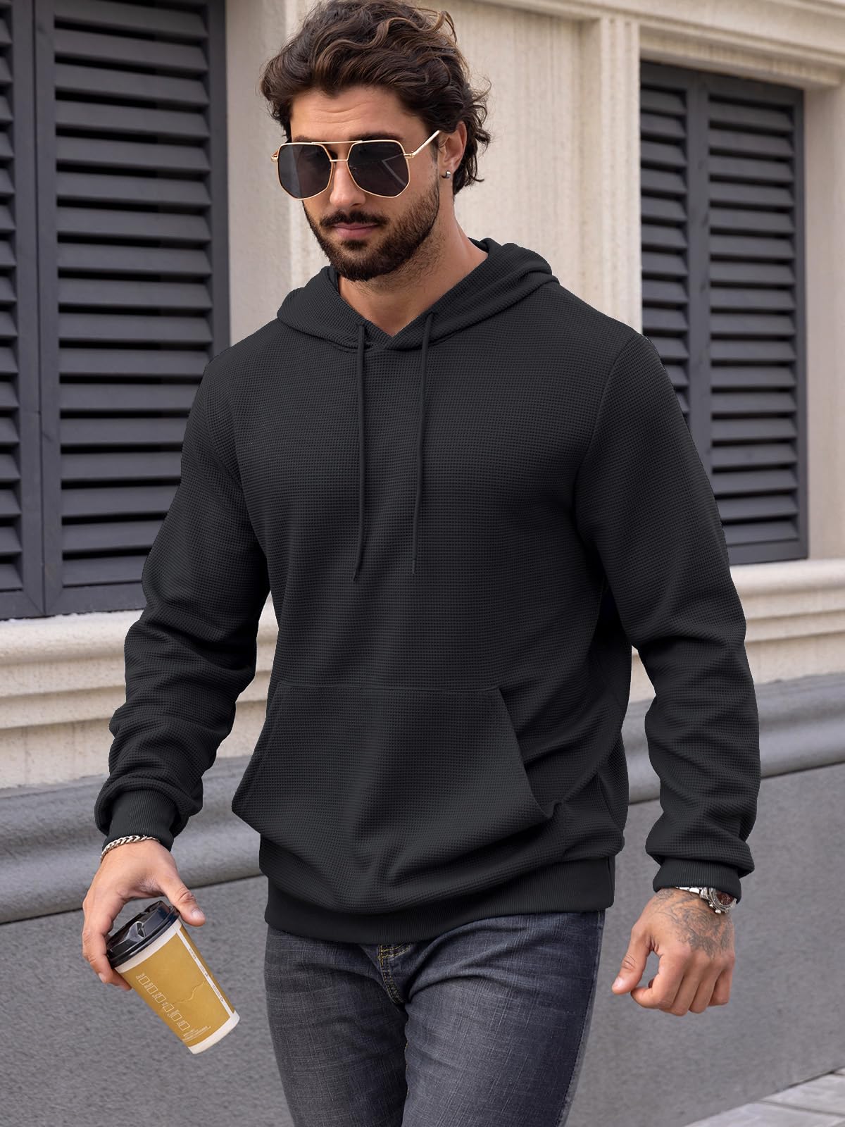 MANSDOUR Men's Casual Long Sleeve Waffle Knit Hoodie with Drawstring & Pocket - Warm Pullover Sweatshirt for Outdoor Activities, Streetwear & Lounge Wear