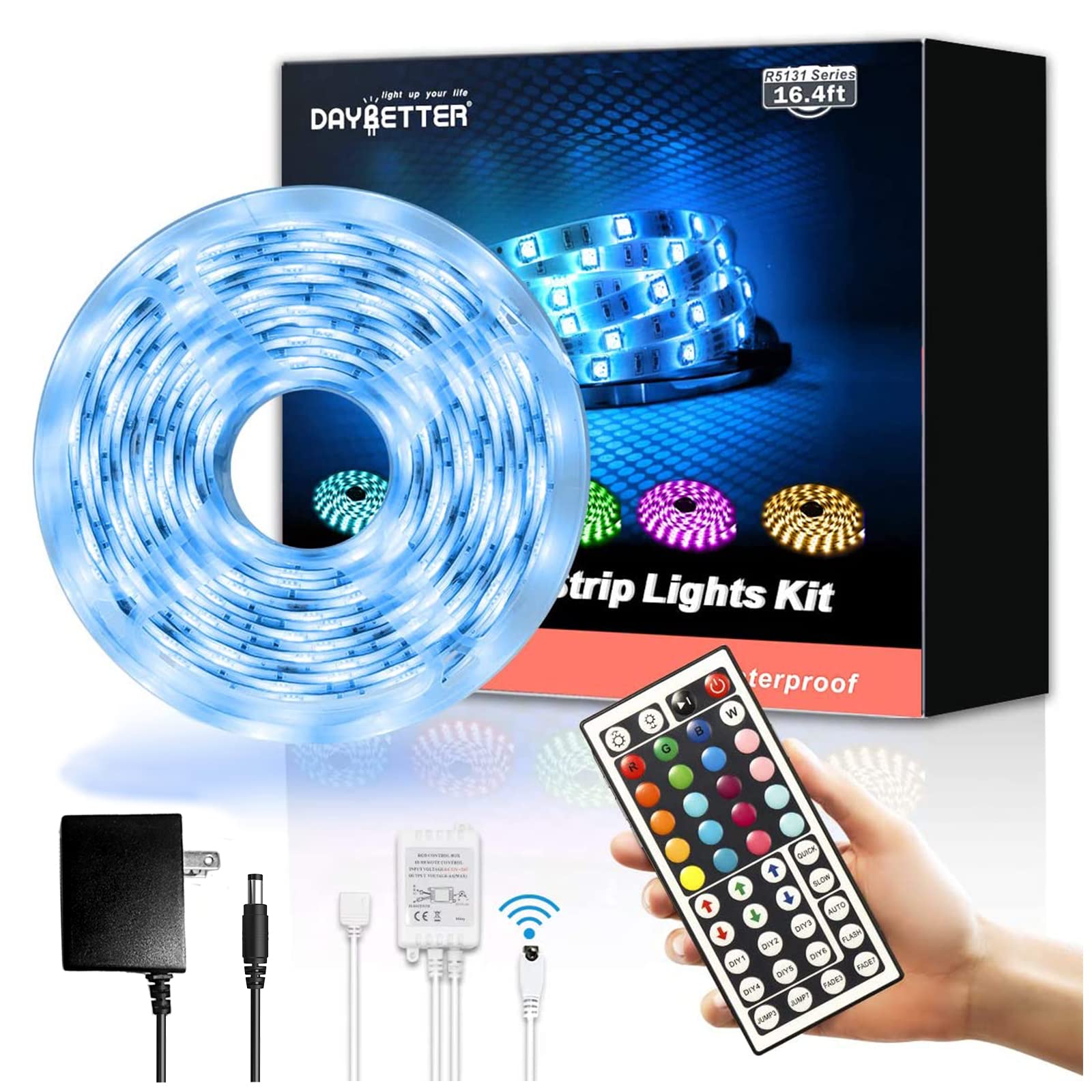 DAYBETTER 16.4ft Waterproof RGB Color Changing LED Strip Lights with Remote Control - Perfect for Bedroom, Kitchen, Party & Home Decor Lighting