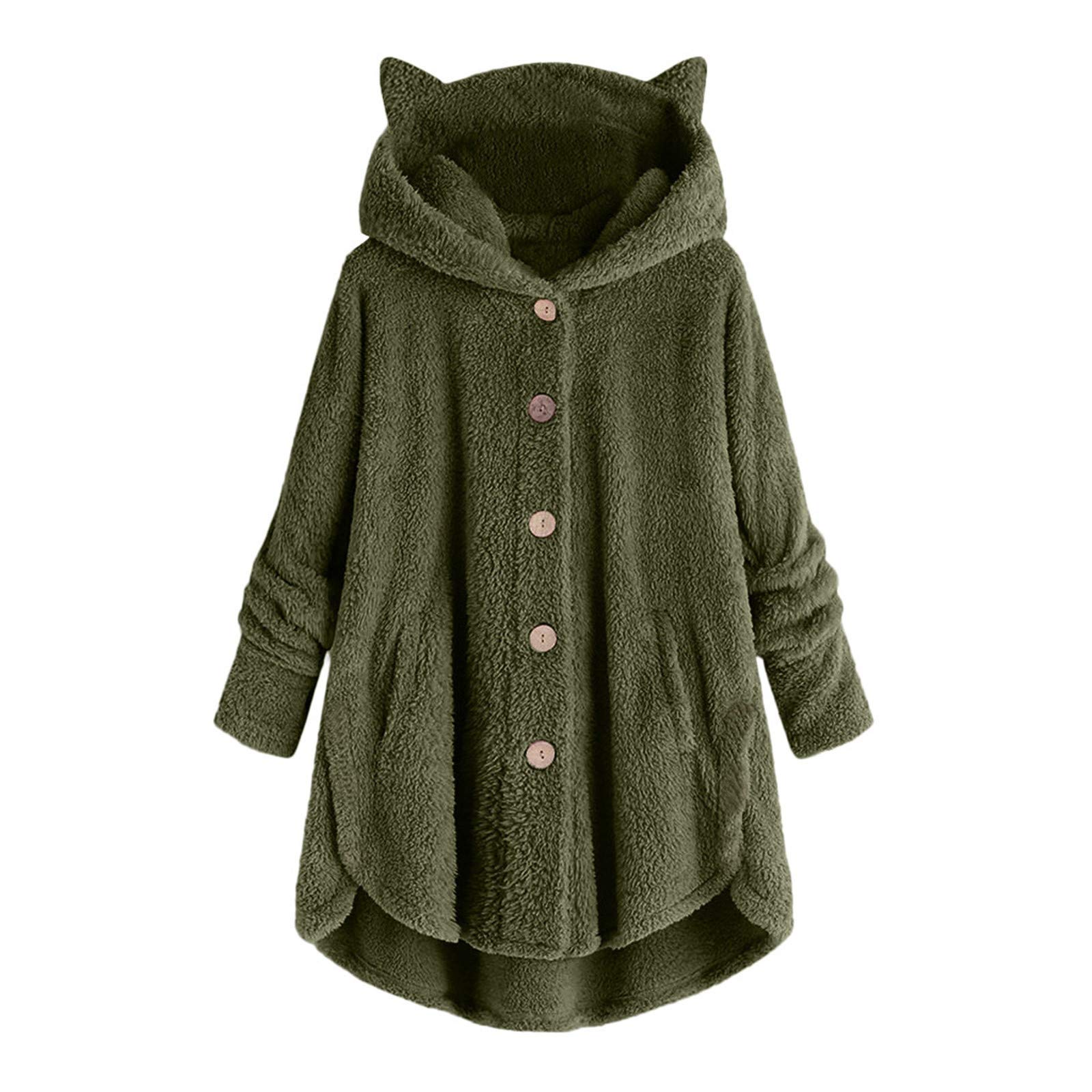 Women's Plus Size Fleece Hooded Cardigan - Soft Plush Winter Coat with Button Front, Loose Fit (Army Green, XL) | Warm Casual Outerwear for Fall & Winter, Perfect for Work, Travel and Daily Wear