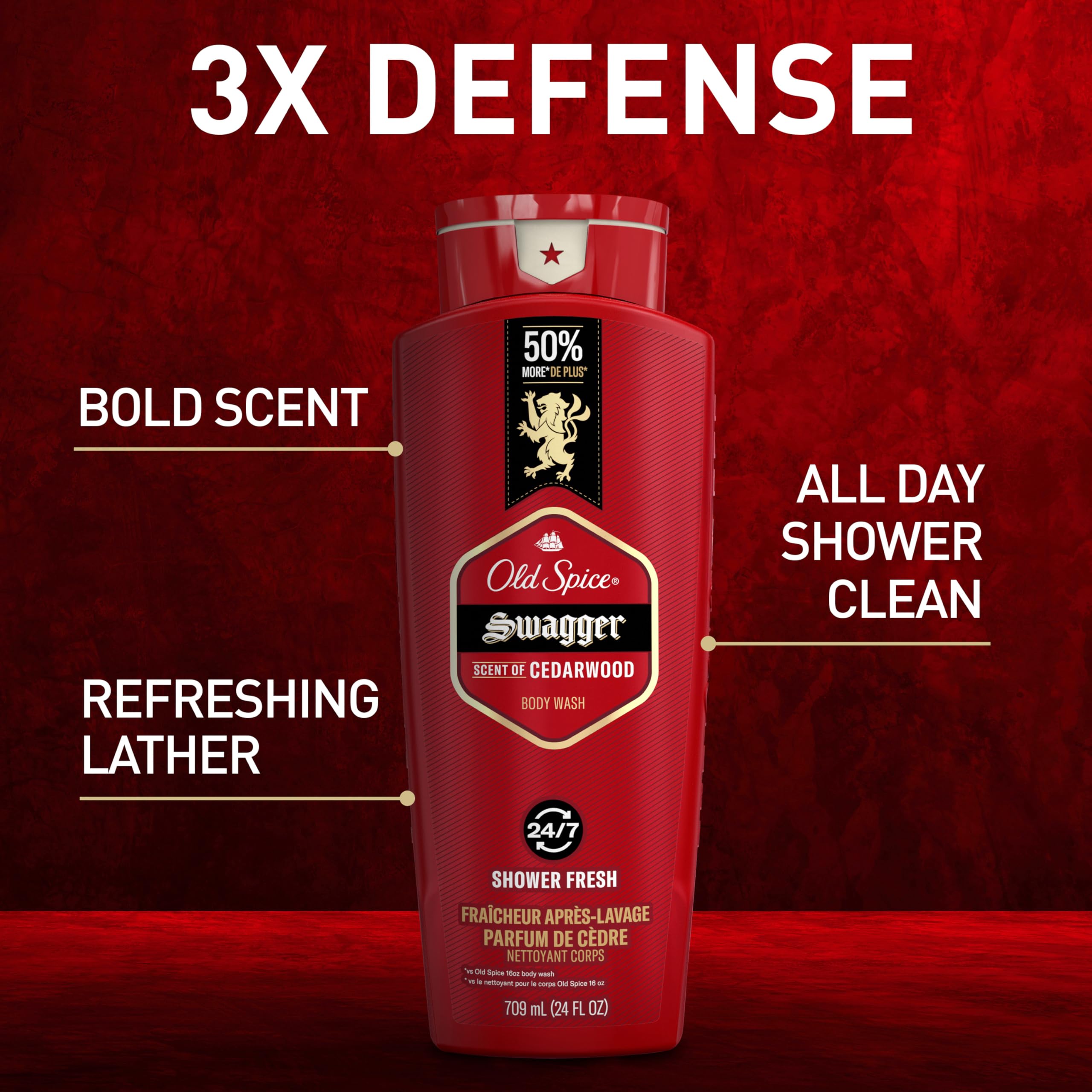 Old Spice Men's Body Wash - 24/7 Shower Fresh with Long-Lasting Cedarwood Scent, Swagger Red Collection, 24 fl oz (Pack of 2) - Refreshing Daily Shower Gel for Gym, Work & Active Lifestyle