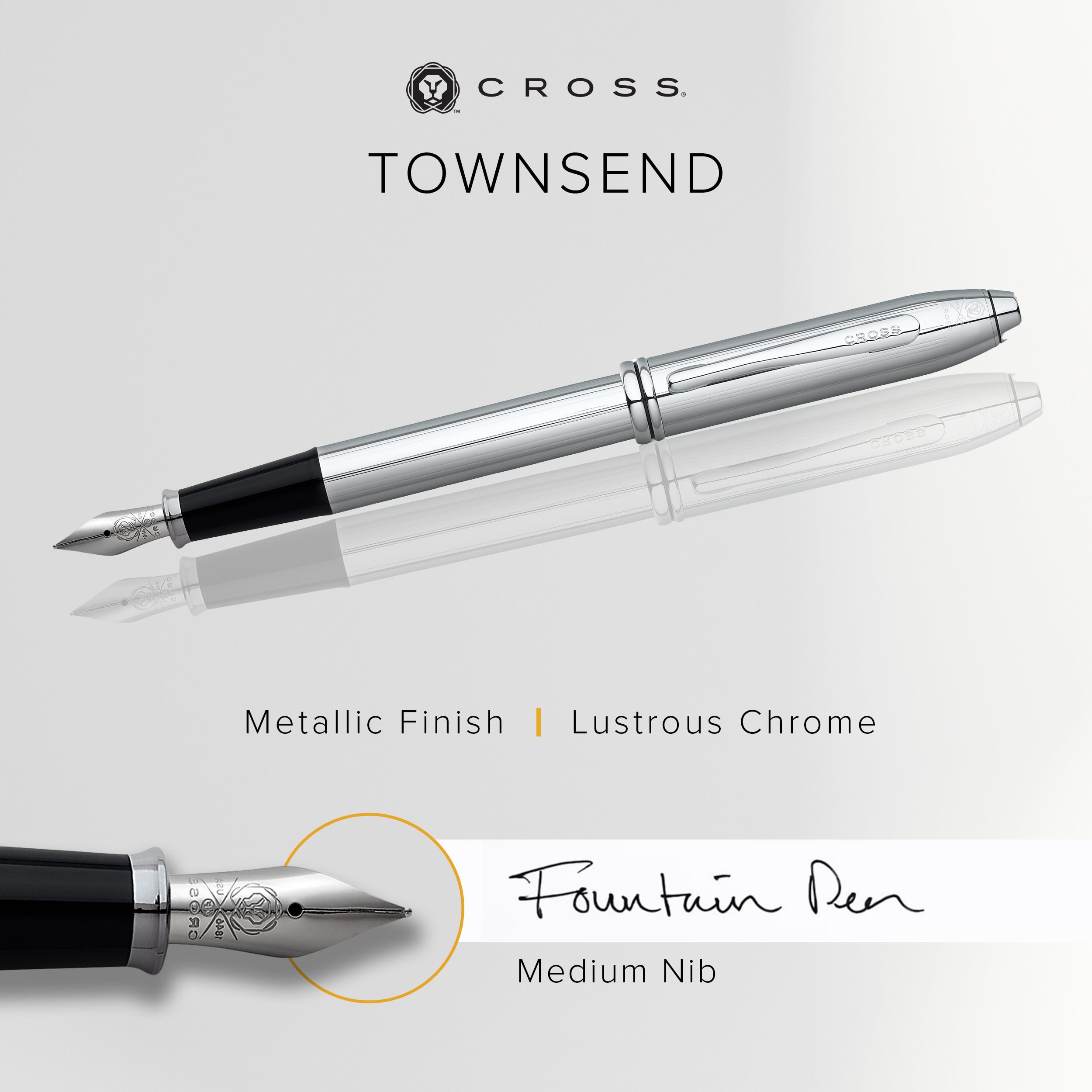 Cross Townsend Refillable Fountain Pen - Medium Nib Stainless Steel Luxury Gift Box (Lustrous Chrome) - Perfect for Business Signatures, Journaling & Elegant Gift Giving