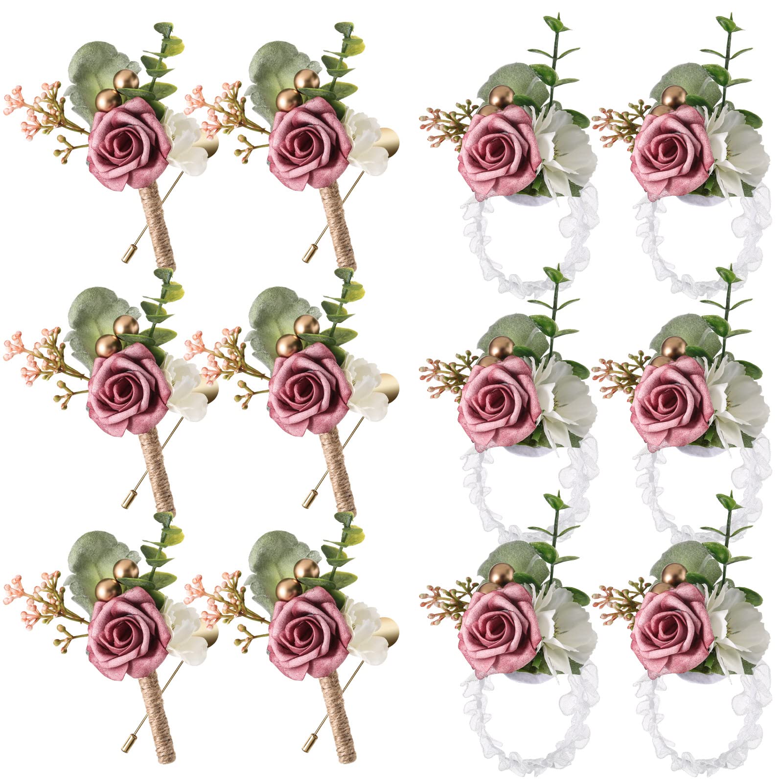 12 Pcs Dusty Rose Wedding Wrist Corsage & Boutonniere Set - Elegant Rose Floral Accessories for Prom, Wedding Ceremony, Anniversary & Formal Events - Perfect for Bridesmaids, Groomsmen & Couples