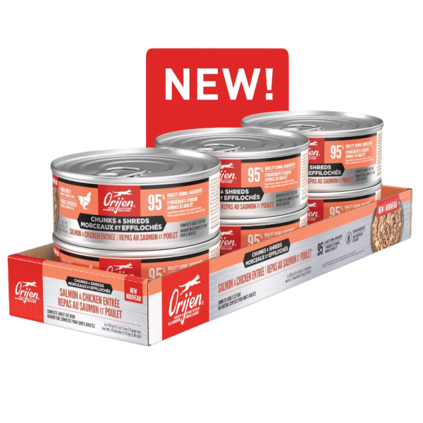 Orijen Salmon & Chicken Chunks & Shreds Entrée Canned Cat Food for Adult Cats - Grain Free, High Protein Wet Cat Food, 5.5oz Can - Perfect for Mealtime, Travel & Special Treats