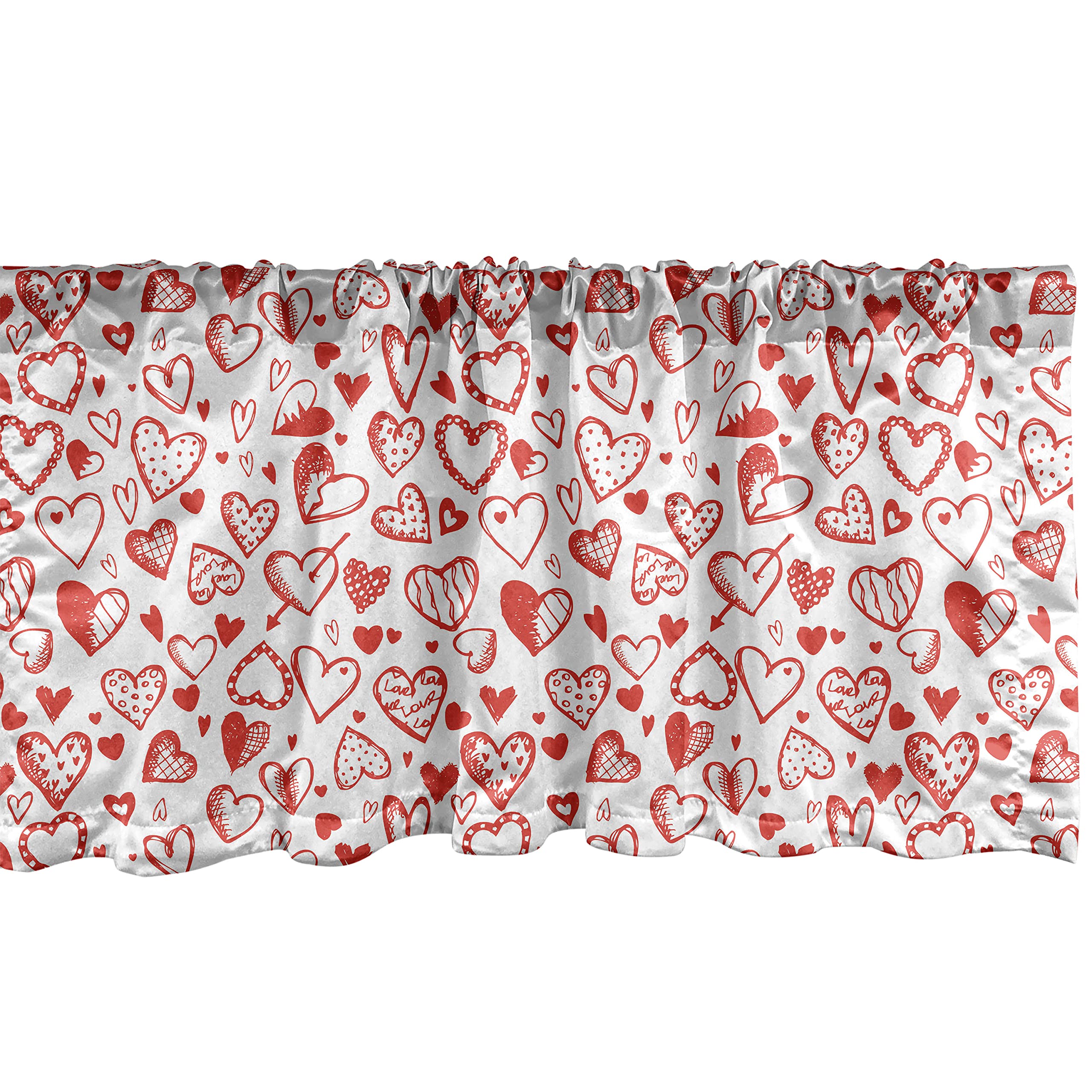 Ambesonne Valentine's Day Window Valance - Red & White Heart Pattern Romantic Curtain Valance with Rod Pocket, 54x18 Inches - Perfect for Kitchen, Bedroom & Valentine's Day Decor