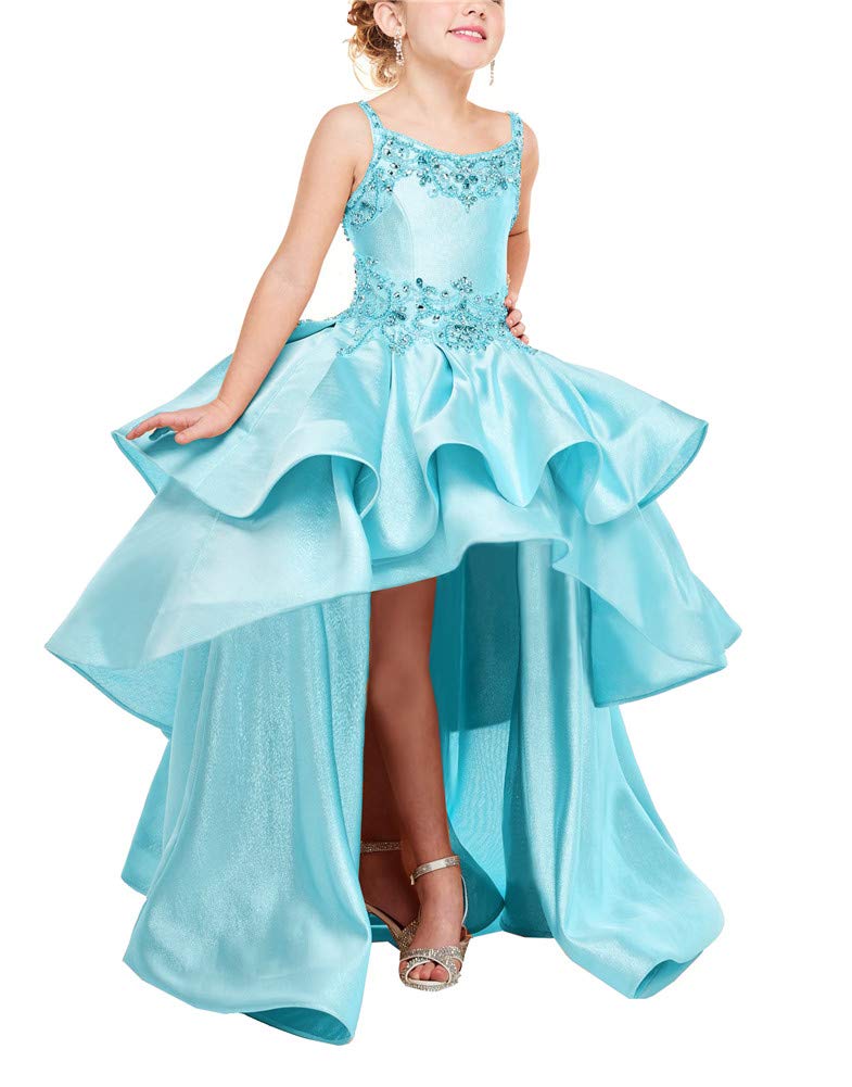 Girl's Hi-Low Beaded Pageant Dress with Square Neck & Straps - Flower Girl Dress for Weddings, Pageants & Special Occasions