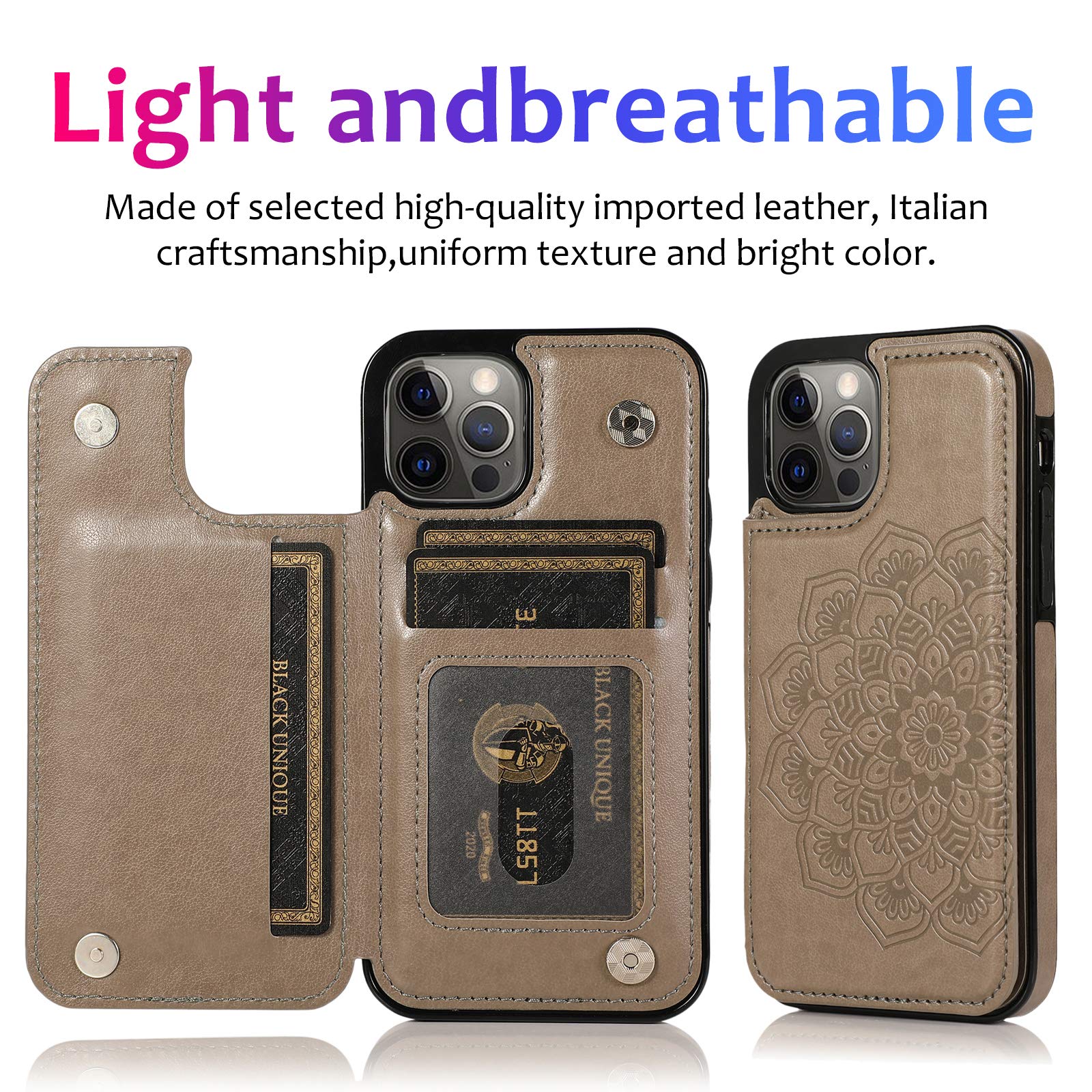 Premium PU Leather Mandala Flower Embossed Wallet Case for iPhone 12 Pro Max - Magnetic Flip Cover with Card Holder & Shockproof Protection (SKM Gray) - Perfect for Daily Use, Travel & Business Meetings