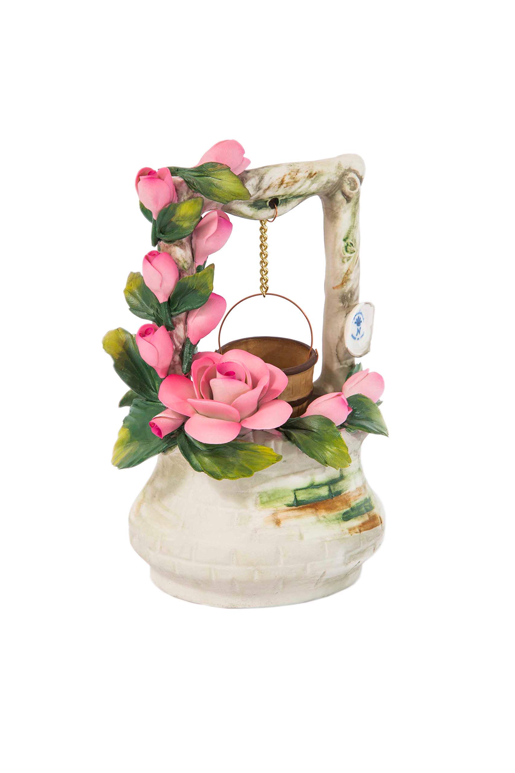 Handmade Small Porcelain Wishing Well with Hand-Painted Capodimonte Style Roses & Buds - Perfect for Wedding Centerpieces, Home Decor & Garden Ornaments