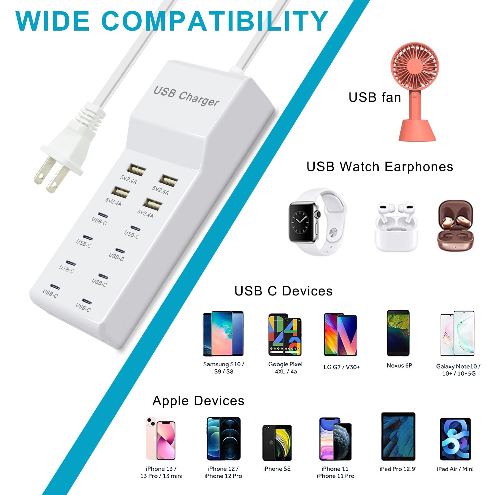 12-Port USB Charging Station with 4 USB-A & 8 USB-C Ports - Fast Charger for iPhone 15/14/13/12 Series, iPad, Samsung Galaxy, Tablets & Smartphones - Perfect for Home, Office, Travel & Multi-Device Charging