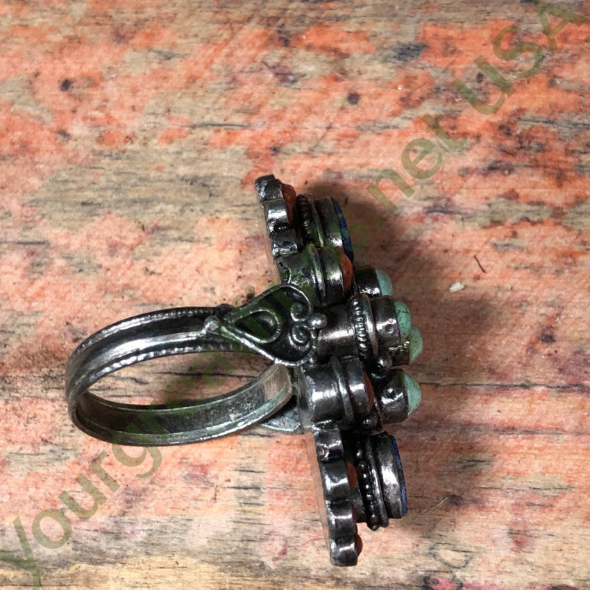 Vintage Ethnic Sterling Silver Cluster Ring with Turquoise, Lapis & Coral - Size 8 - Bohemian Jewelry for Women, Perfect for Festivals, Weddings & Everyday Boho Style