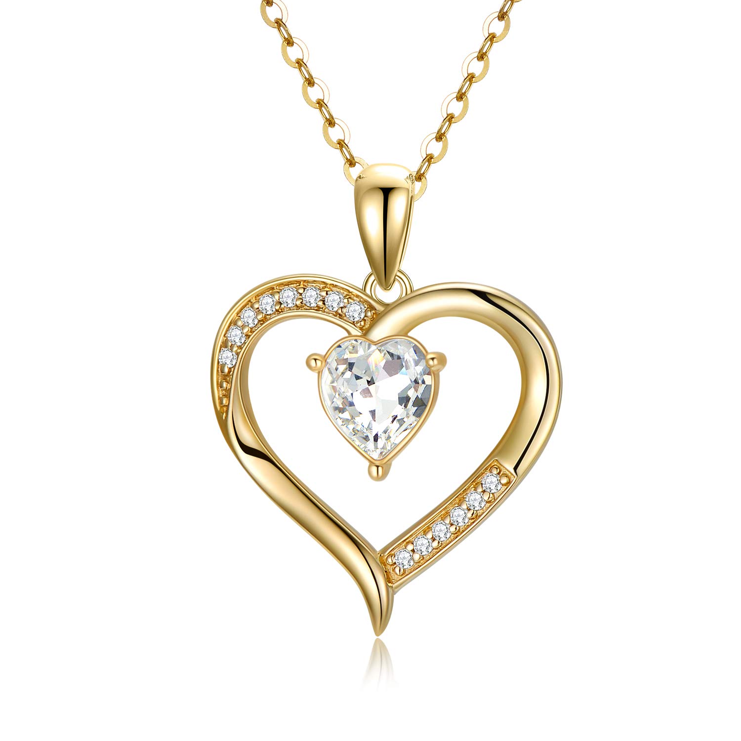 14K Solid Gold Heart Necklace for Women - Dainty Gold Crystal Love Heart Pendant 