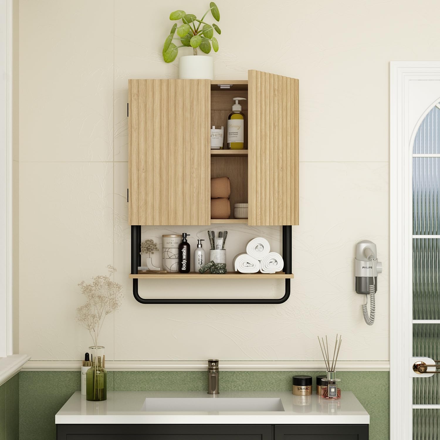 RUSTOWN 2-Door Fluted Bathroom Wall Cabinet - 3-Tier Modern Farmhouse Medicine Cabinet with Adjustable Shelf & Towel Bar - Over The Toilet Storage (Natural, Medium) - Perfect for Small Bathrooms, Vanity Organizer & Towel Storage