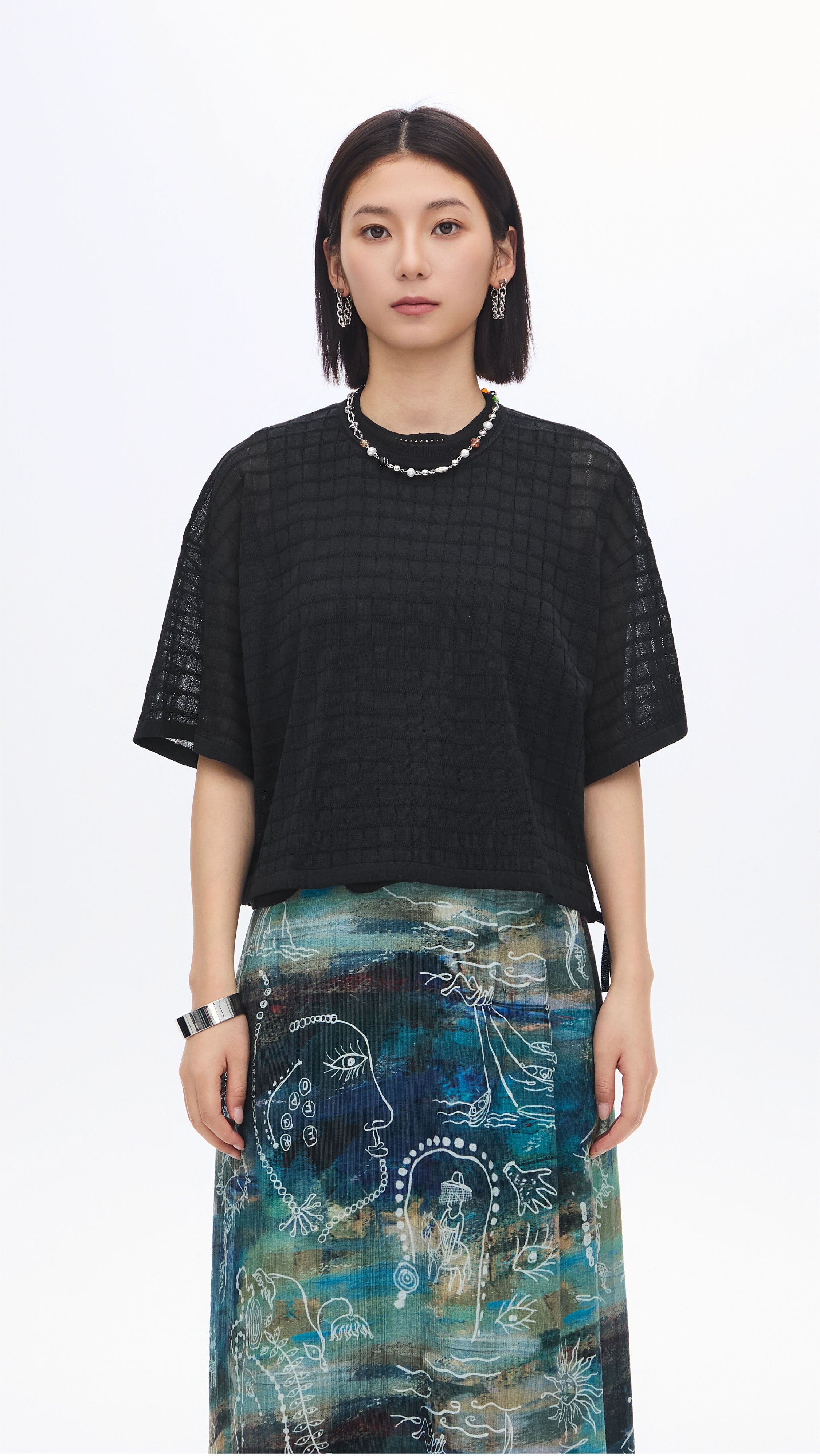 Sheer Checker Knit Top - Stylish & Breathable Women's Fashion for Casual Outings & Layering