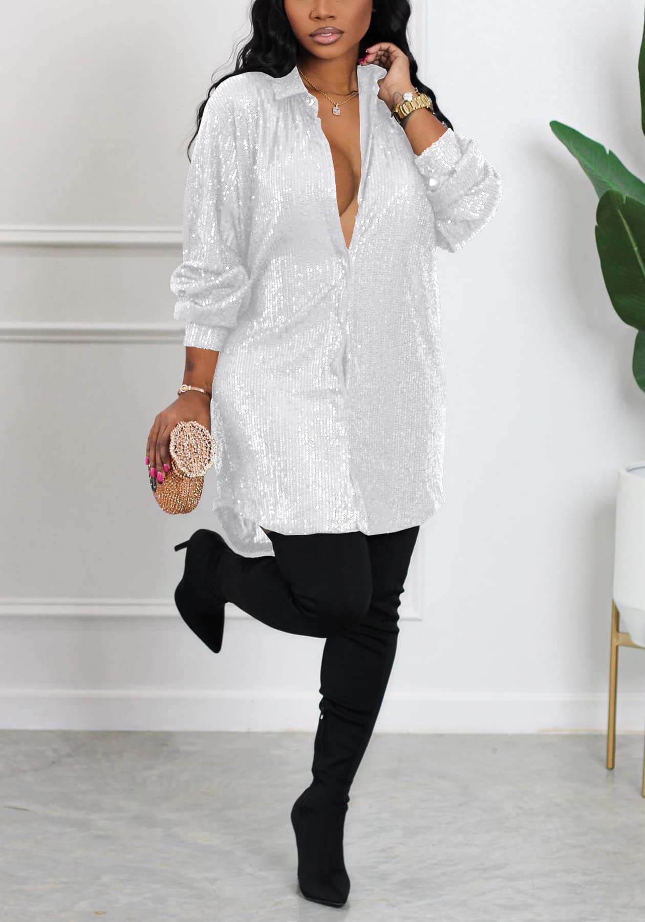 Sparkly Sequin Midi Dress for Women - Elegant Button Down Shirt Dress with Long Sleeves | Perfect for Party, Club, Wedding & Holiday Events