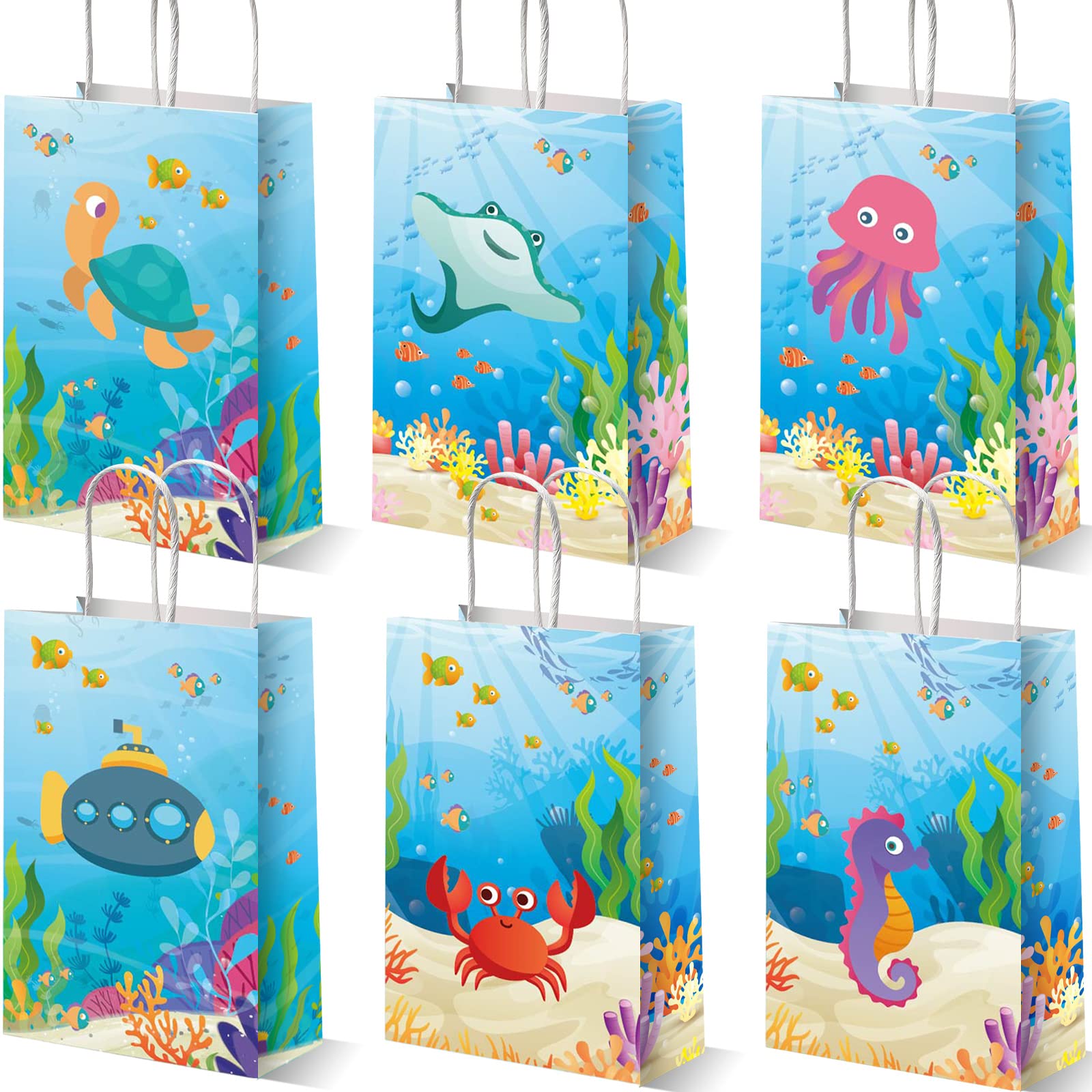 12 Pack Under the Sea Party Favor Bags - Ocean Themed Marine Animal Treat Bags with Fish, Mermaid & Sea Creature Designs for Kids Birthday, Baby Shower & Themed Parties - Perfect for Candy, Goodies & Party Favors