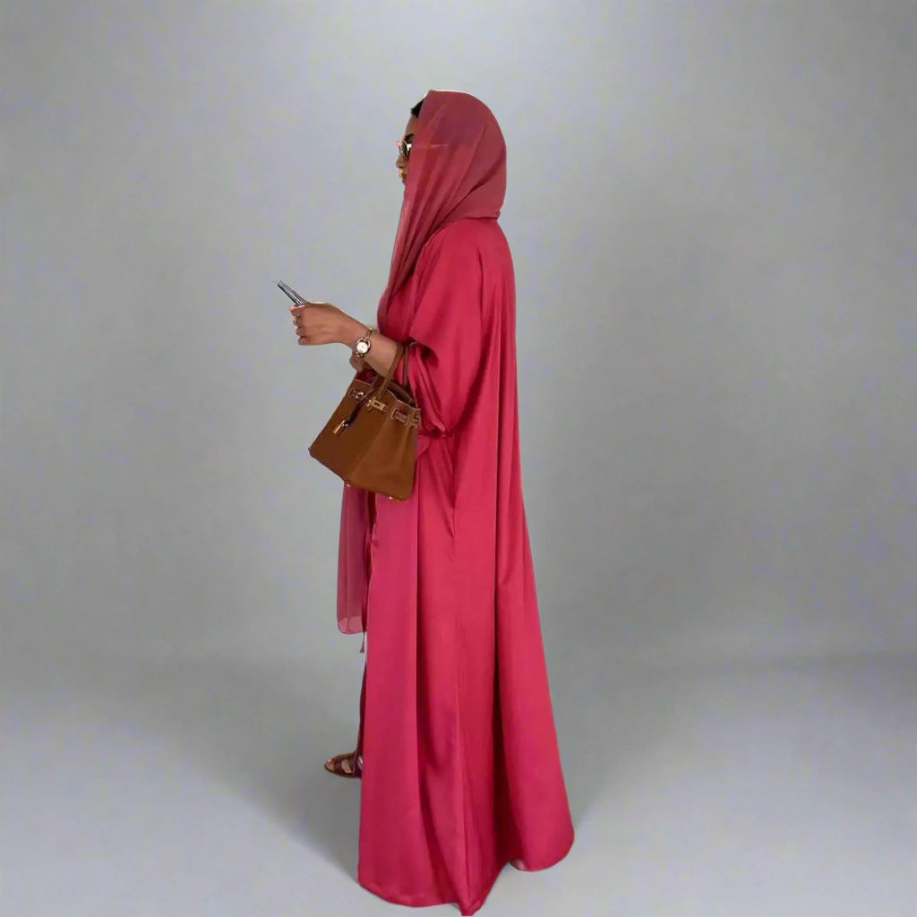 Elegant Satin Open Abaya Dress for Women - Modest Muslim Prayer Dress - Perfect for Eid, Ramadan & Special Occasions