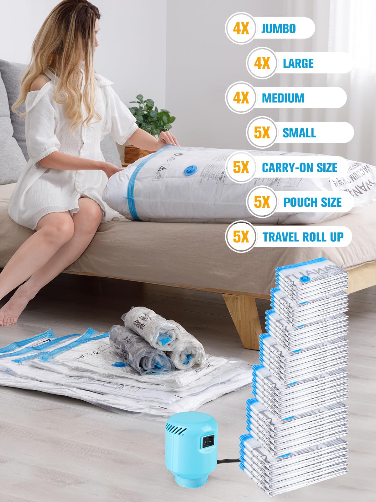 32 Pack Vacuum Storage Bags with Electric Pump | Space Saver Bags for Clothes, Blankets & Travel | 2 Compression Modes | Perfect for Home Organization & Seasonal Storage