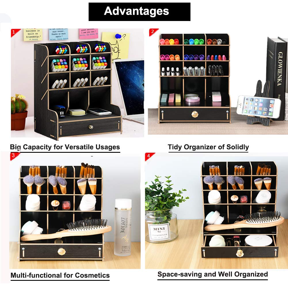 Marbrasse Wooden Desk Organizer - Multi-Functional DIY Pen Holder & Office Supplies Storage with Drawer | Easy Assembly for Home Office, School & Workspace (B11-Black)