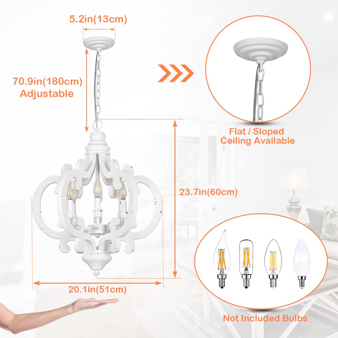 Farmhouse Chandelier 6-Lights Wooden Dining Room Light Fixture - Distressed White Candle Style Chandelier for Kitchen Island, Bedroom, Entryway & Living Room (20.1 Inch) - Perfect Rustic Lighting for Dining Tables, Kitchen Islands & Farmhouse Decor