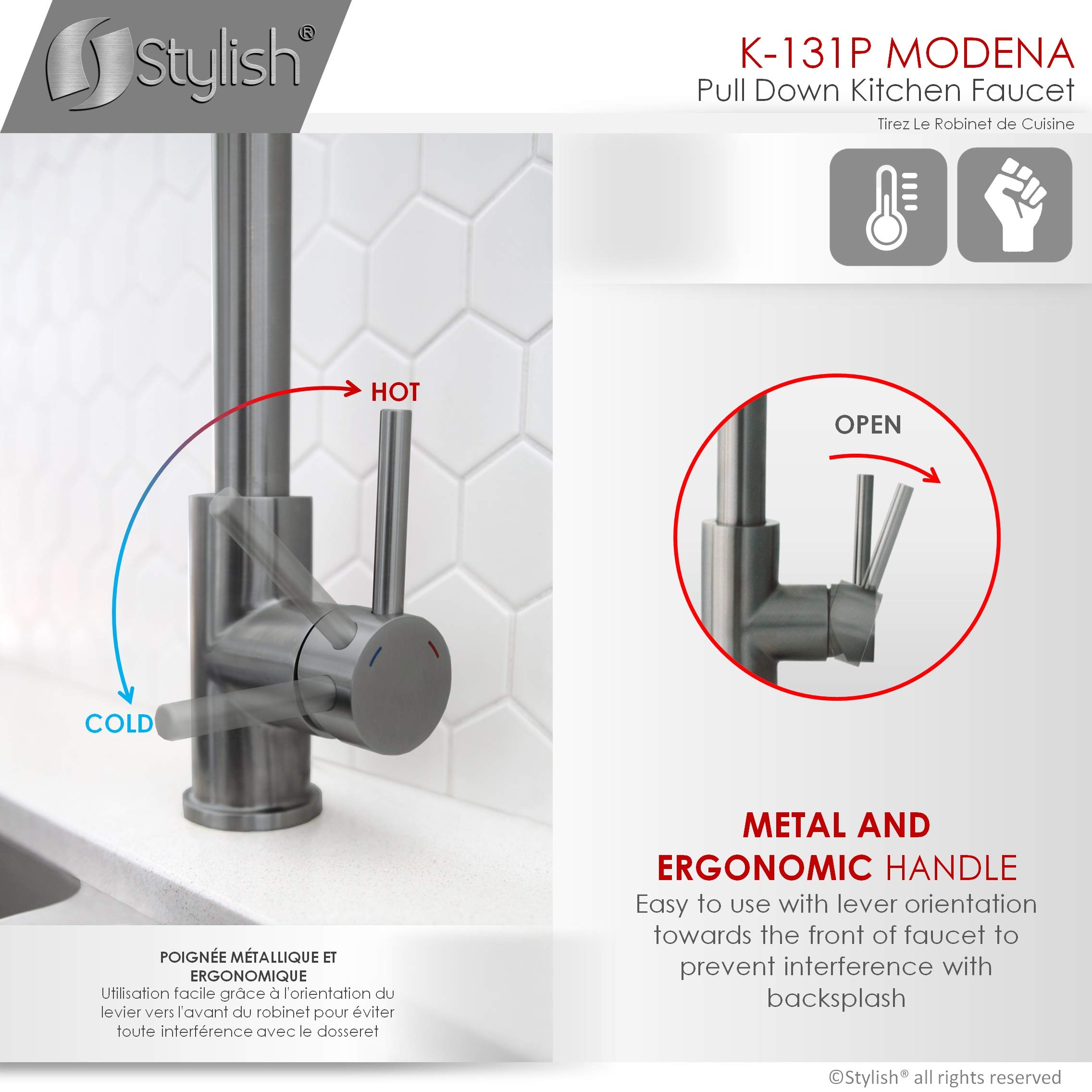 Stylish Pull Down Kitchen Faucet - 1 Handle Dual Function Sprayer with Ceramic Cartridge & Aerator | Brushed Gun Metal Stainless Steel (Model K-131P) | Perfect for Modern Kitchens & Easy Dishwashing
