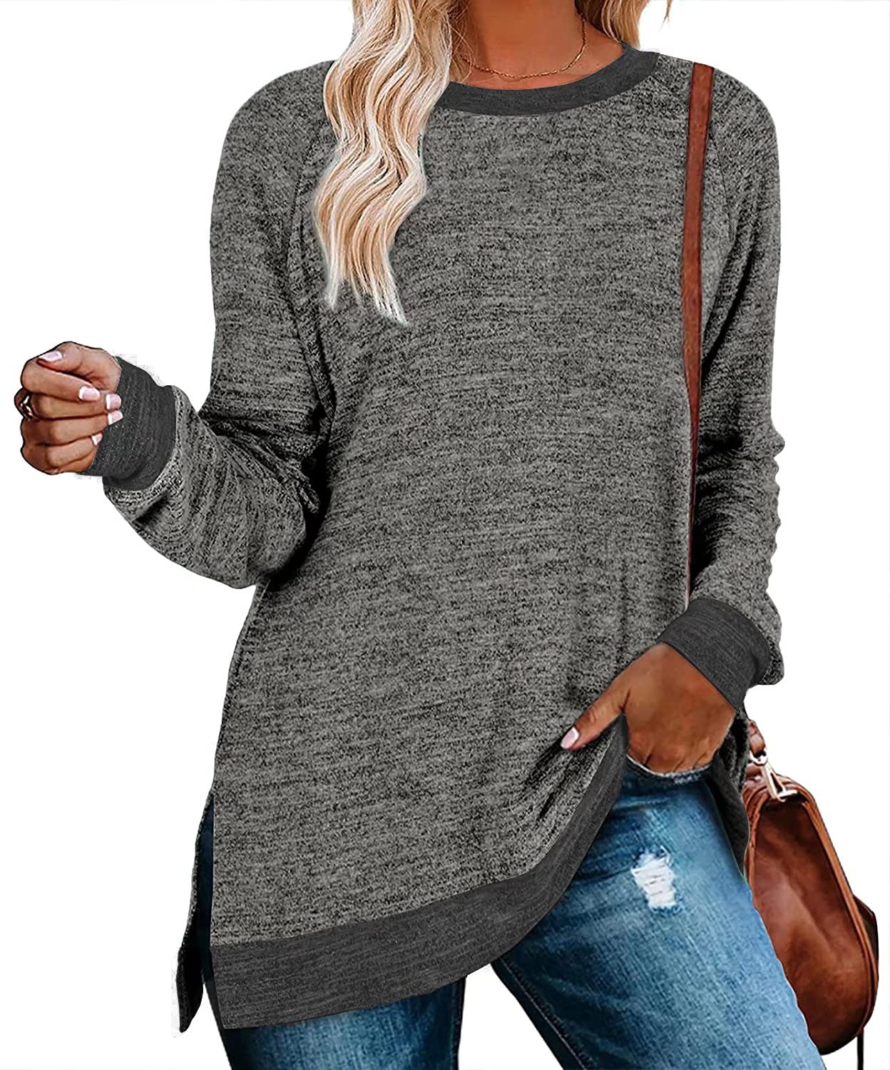 WELINCO Women's Color Block Crewneck Pullover Long Sleeve Tunic Top with Side Split - Casual Office Wear & Fall Layering Essential
