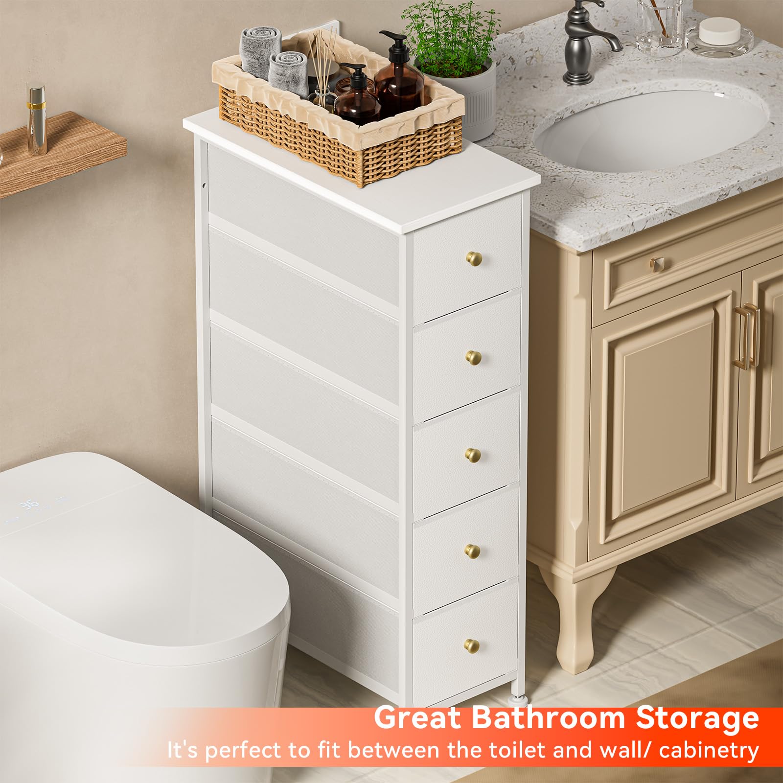 5-Drawer Narrow Dresser Storage Tower - Slim White Dresser with Steel Frame & Wood Top - Golden Knobs - Space-Saving Chest for Bedroom, Bathroom, Laundry, Closet & Small Spaces - Perfect for Organizing Clothes, Towels & Accessories in Compact Areas