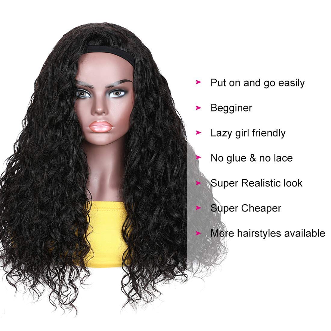 Beauty Forever Headband Human Hair Wigs - Water Wave Glueless Wig with Pre-Attached Scarf | Non Lace Front Natural Color 20 Inch 150% Density Wigs for Women | Perfect for Daily Wear, Cosplay & Protective Styling