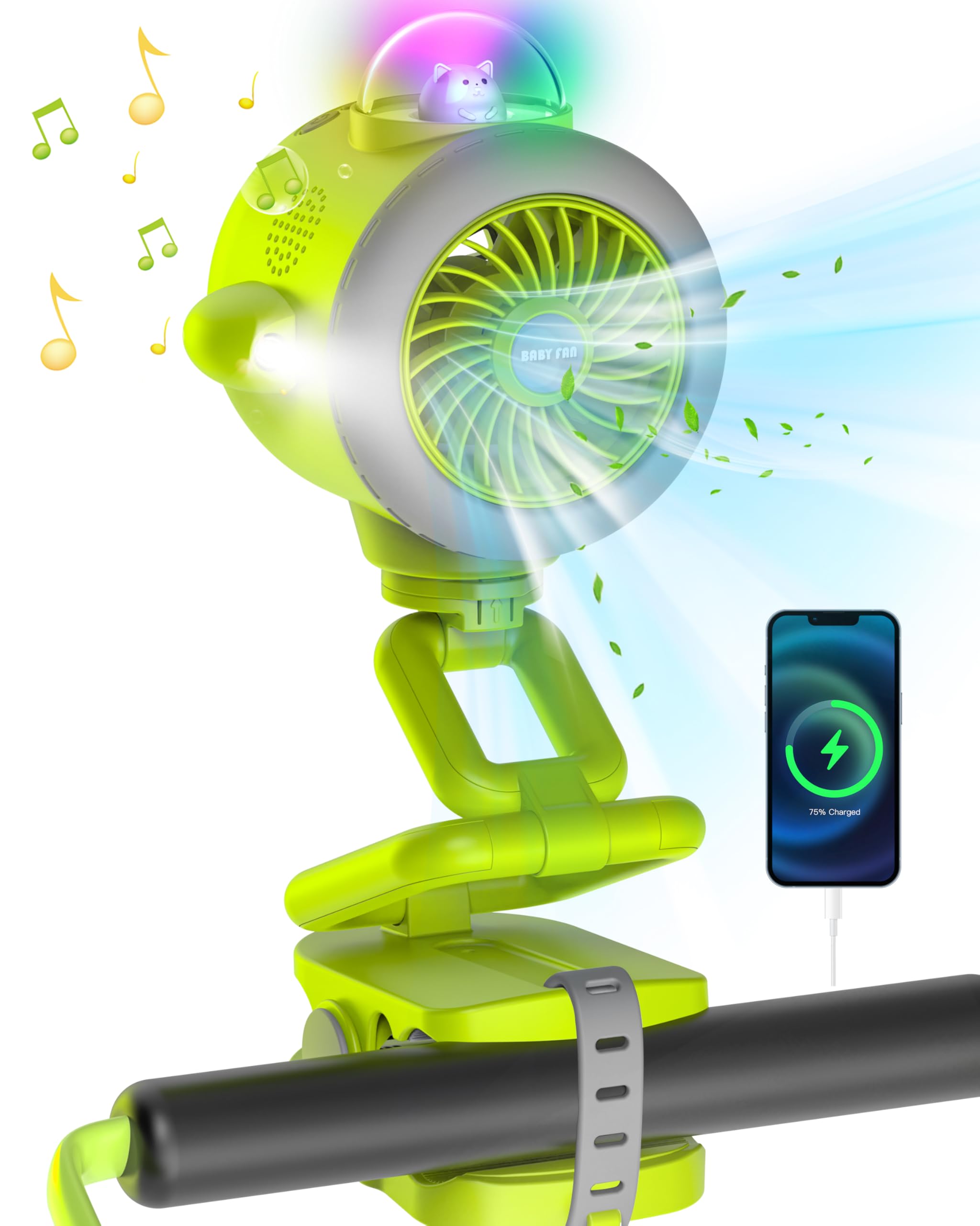 Portable Baby Stroller Fan with 5000mAh Battery - Bluetooth 5.1, Colorful LED Lights & Flashlight - 5 Speed Settings, 15H Runtime, 120° Auto Oscillating - Perfect for Car Seats, Cribs, Travel & Outdoor Activities