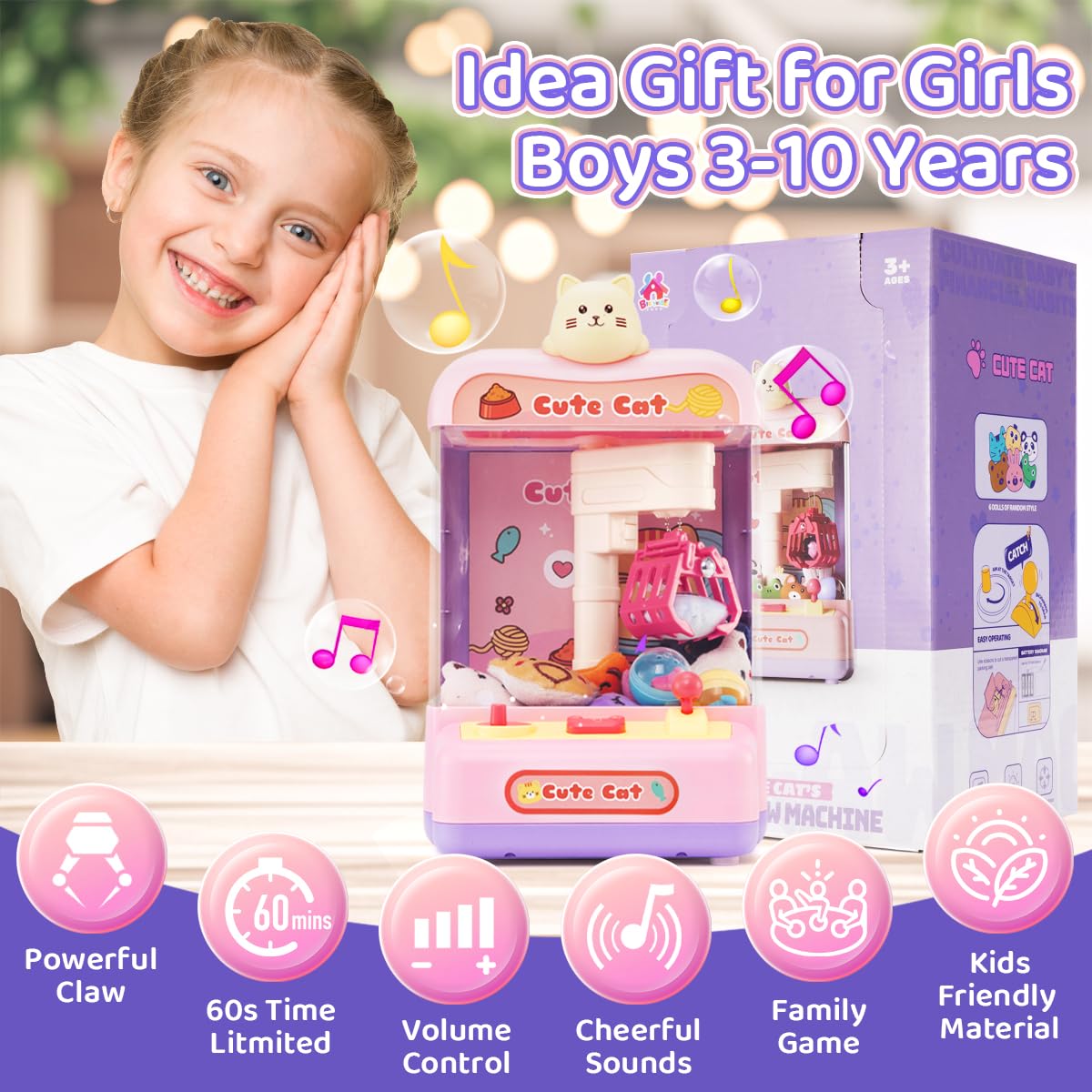 Meland Mini Claw Machine for Kids - Interactive Vending Machine Toy with Prizes & Sound Effects | Fun Birthday Gift for Girls & Boys | Perfect for Birthday Parties, Arcade Games & Home Entertainment (Cat-Themed Claw Machine)