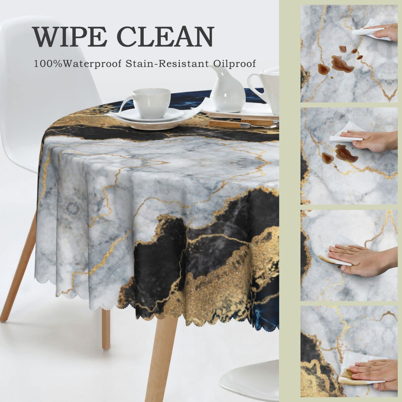 Elegant 60 Inch Round Marble Black Tablecloth - Oil Proof, Spill Proof & Easy Clean with Lace Trim - Perfect for Dining Tables, Weddings, Parties & Home Decor